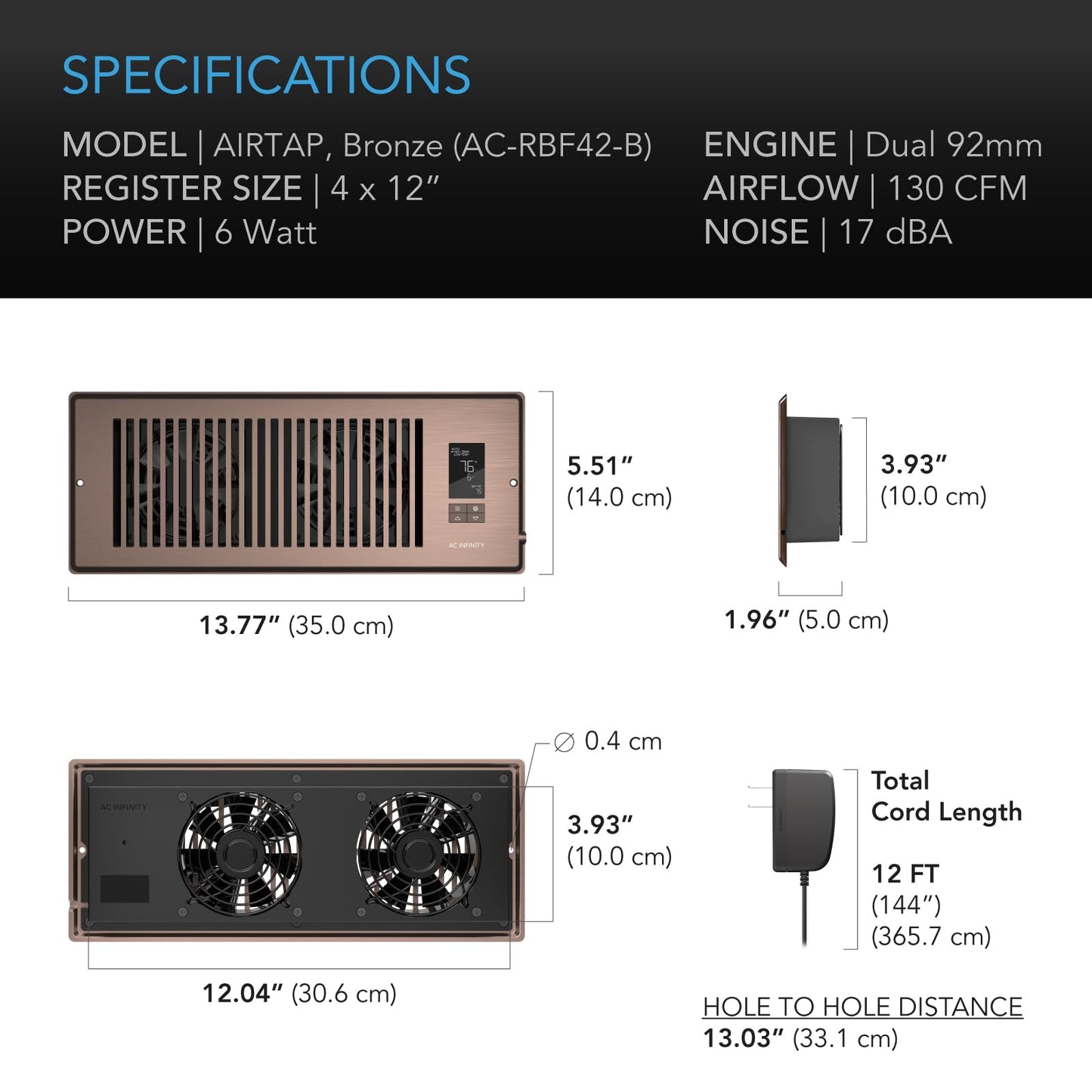 AC Infinity AIRTAP T4 White, Register Booster Fan for 4” x 10” Register Holes, Improves Heating & Cooling Vents, Quiet 10-Speeds, Bluetooth App Control Data Alerts. ONLY FITS 4” x 10” Duct Openings