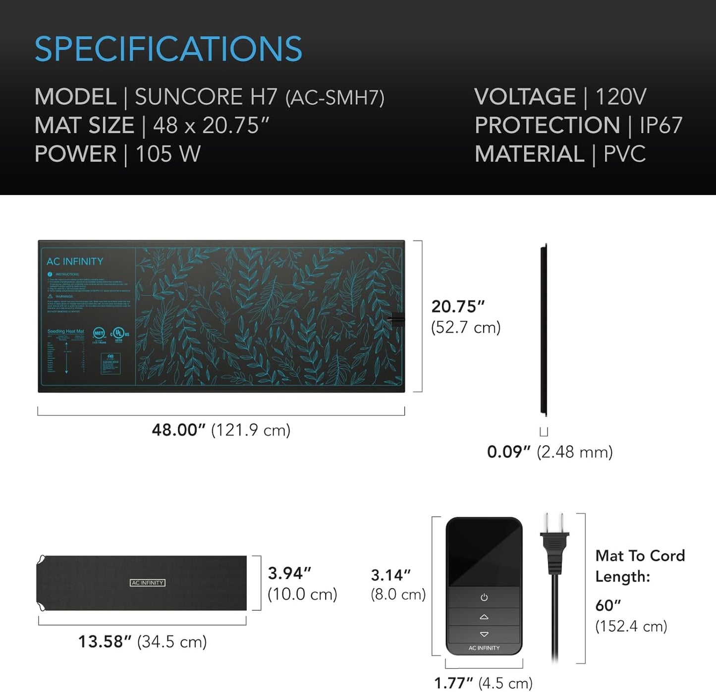 AC Infinity SUNCORE H7, Seedling Mat 48” x 20.75” with Digital Thermostat Controller for Exact Temperature Levels, Waterproof Heating Pad for Indoor Gardening, Hydroponics, Germination, Cloning