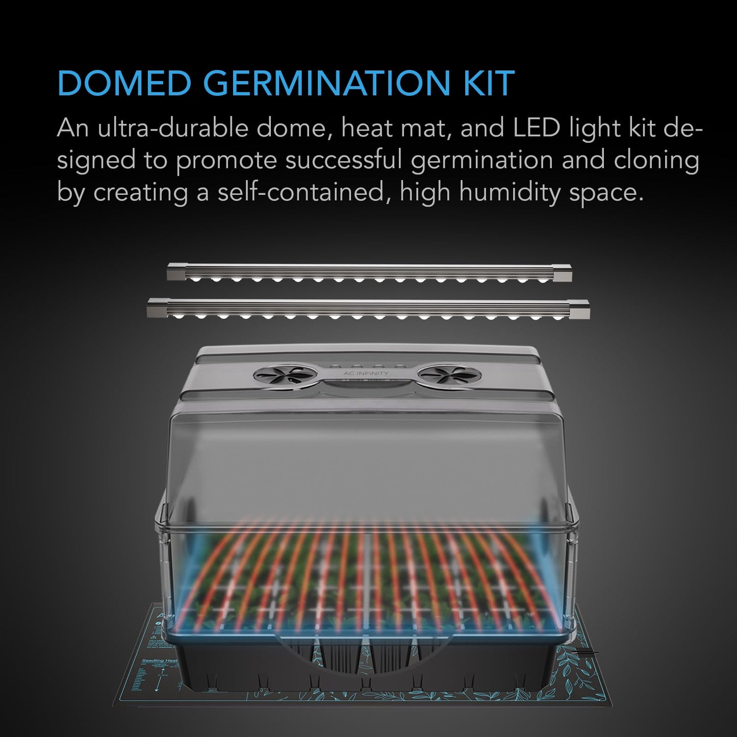 AC Infinity Heavy-Duty Humidity Dome 5x8 Germination Kit, Full Spectrum LED Grow Light Bars w/Samsung LM301H EVO LEDs, Heat Mat, 3 mm Thickest Dome, Trays, Vented Panels, for Seed Starting