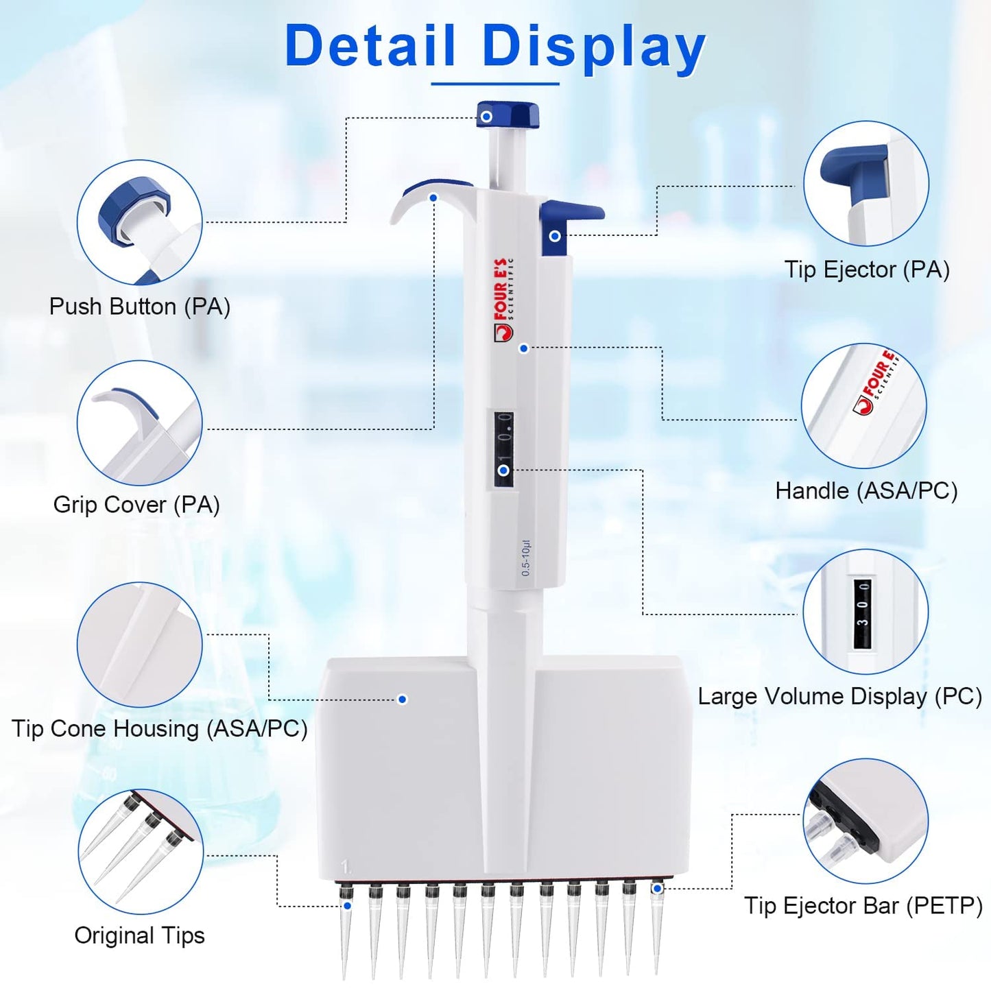 FOUR E'S SCIENTIFIC 0.5-10 uL Pipettor 12-Channel Multichannel Pipettes Adjustable High Accurate Micropipette for Laboratory