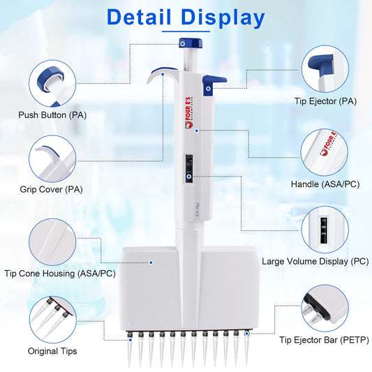 FOUR E'S SCIENTIFIC 0.5-10 uL Pipettor 12-Channel Multichannel Pipettes Adjustable High Accurate Micropipette for Laboratory