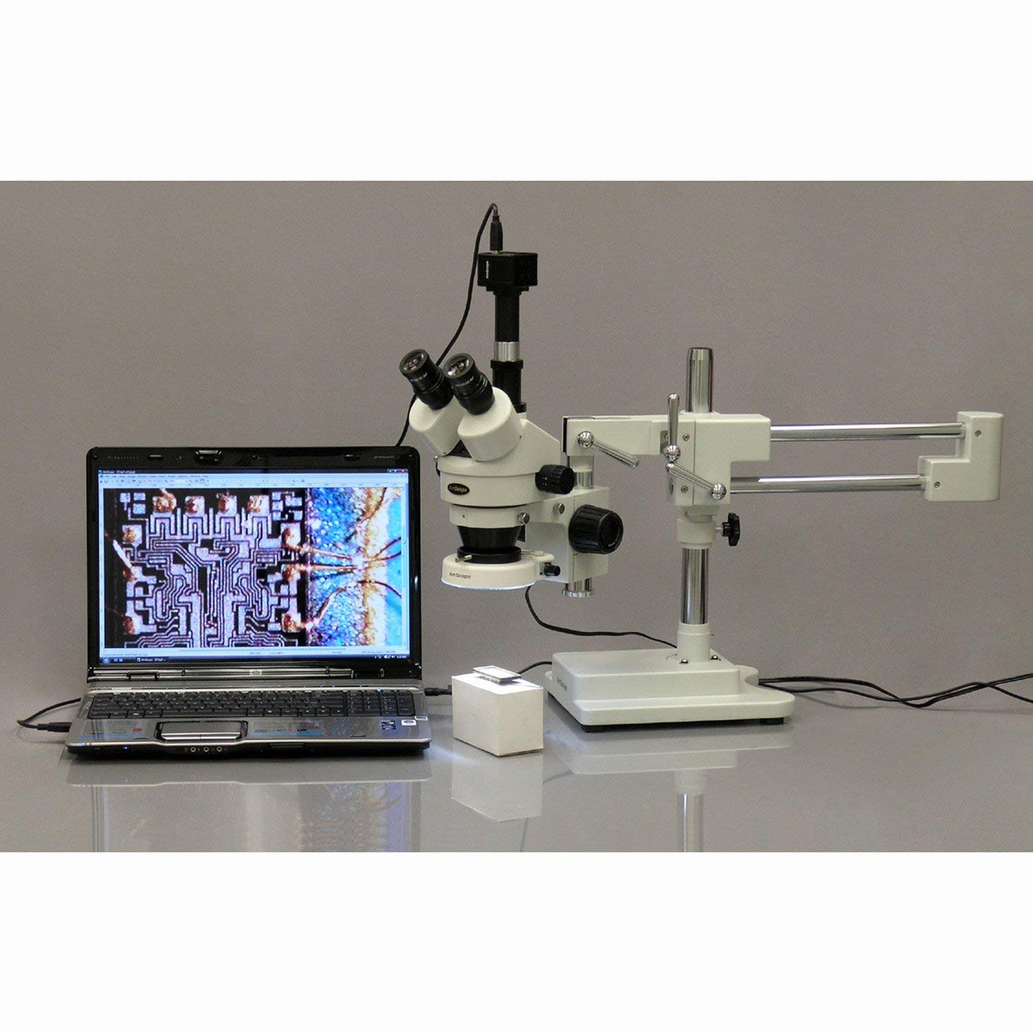 AmScope SM-4TZ-144A Professional Trinocular Stereo Zoom Microscope, WH10x Eyepieces, 3.5X-90X Magnification, 0.7X-4.5X Zoom Objective, Four-Zone LED Ring Light, Double-Arm Boom Stand, 110V-240V, Includes 0.5X and 2.0X Barlow Lens