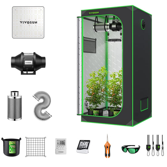 VIVOSUN Grow Tent Complete System, 2 x 2 ft. Grow Tent Kit Complete with VS1000 Led Grow Light, 4 Inch 190CFM Inline Fan, Carbon Filter and 8ft Ducting Combo, 24" x 24" x 48"