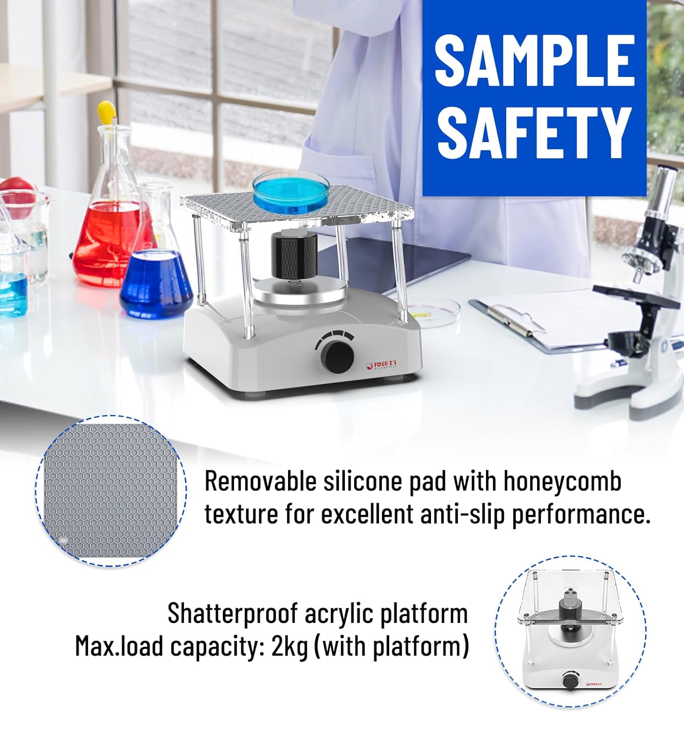 FOUR E'S SCIENTIFIC Lab Shaker, 3D Shaker Compact Rotator Shaker with Adjustable Speed 0-100RPM, 0-8° Tilt Angle, Lab Shaker with Undulating 3D Motion, Non-Slip Mat, Max. Capacity 2KGS