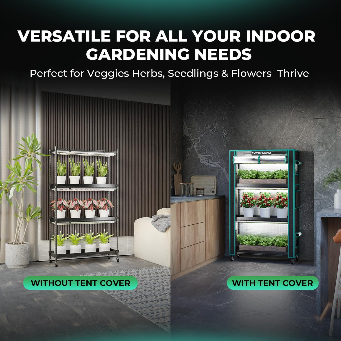 MARS HYDRO 2025 Plant Stand with Grow Lights,4-Tier Plant Shelf with 6 Full Spectrum LED Lamps (150W, 3ft) & Grow Tent | for Vegetables, Seedlings, Plant Growth | 5000K, 37×14×59''