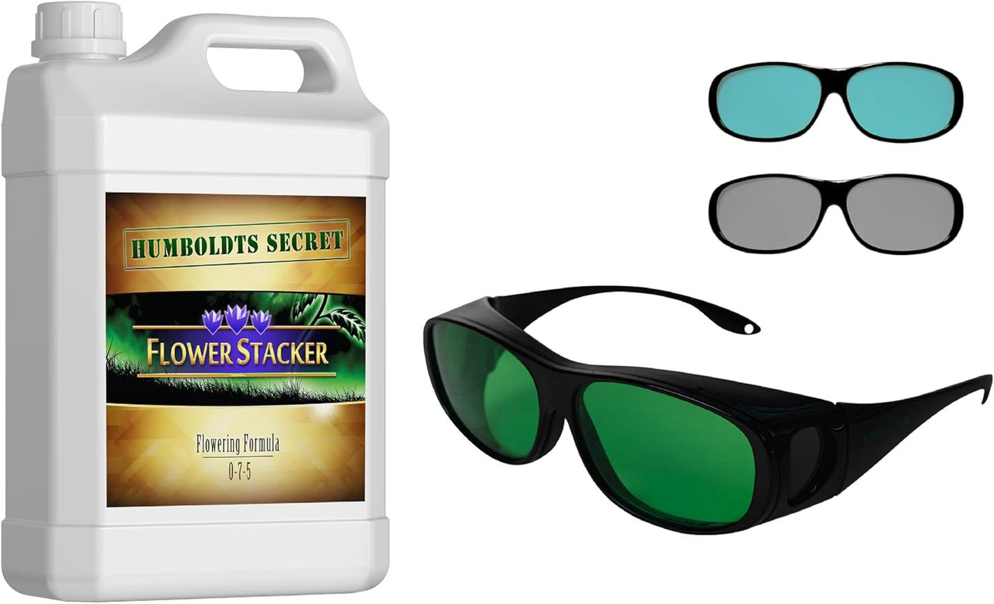 Humboldts Secret Flower Stacker Nutrient System for Potting Soil for Indoor & Outdoor Plants (32 oz) w/Grow Room Glasses | Interchangeable Magnetic Sunglasses with UVA/UVB Blocking Protection