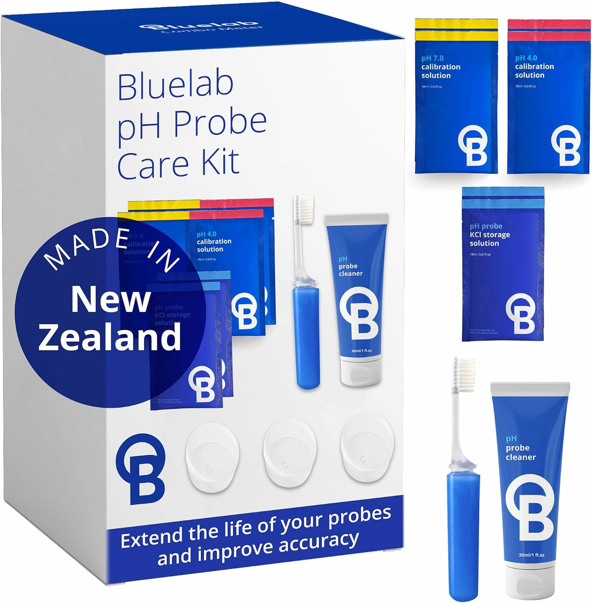 Bluelab CAREKITPH pH Probe Care Kit with Calibration Solution, Storage Solution, and Brush, Used for pH Pen, Meter, Monitor, Controller and Tools for Hydroponic System and Indoor