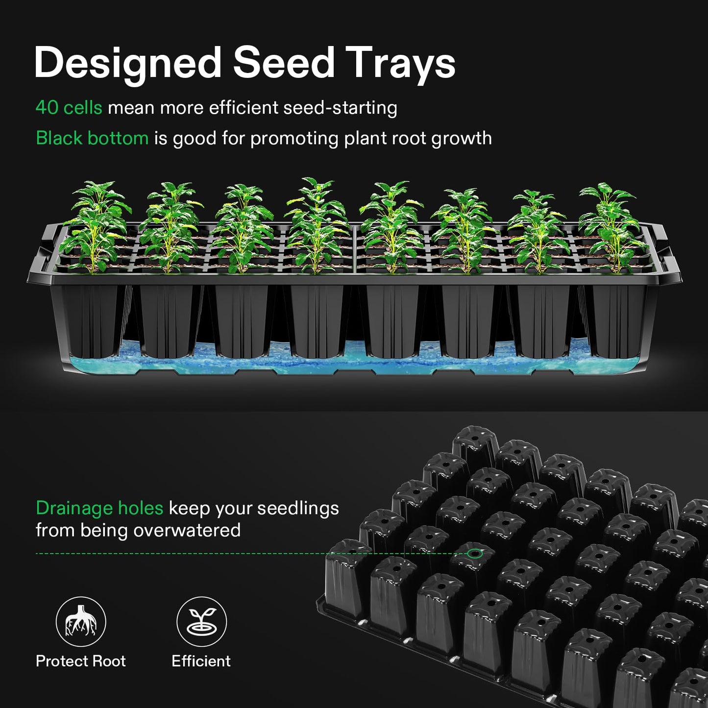 VIVOSUN 1-Pack 40-Cell Seed Starter Trays with 1 Set of LED Lights and 10"x20.75" Seedling Heat Mat, 3.6" Higher Cover, Adjustable Vents, Drainage Holes, Green Propagation Tray for Planting Seeds