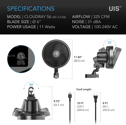 AC Infinity CLOUDRAY Clip Fans, Size and Pack Options
