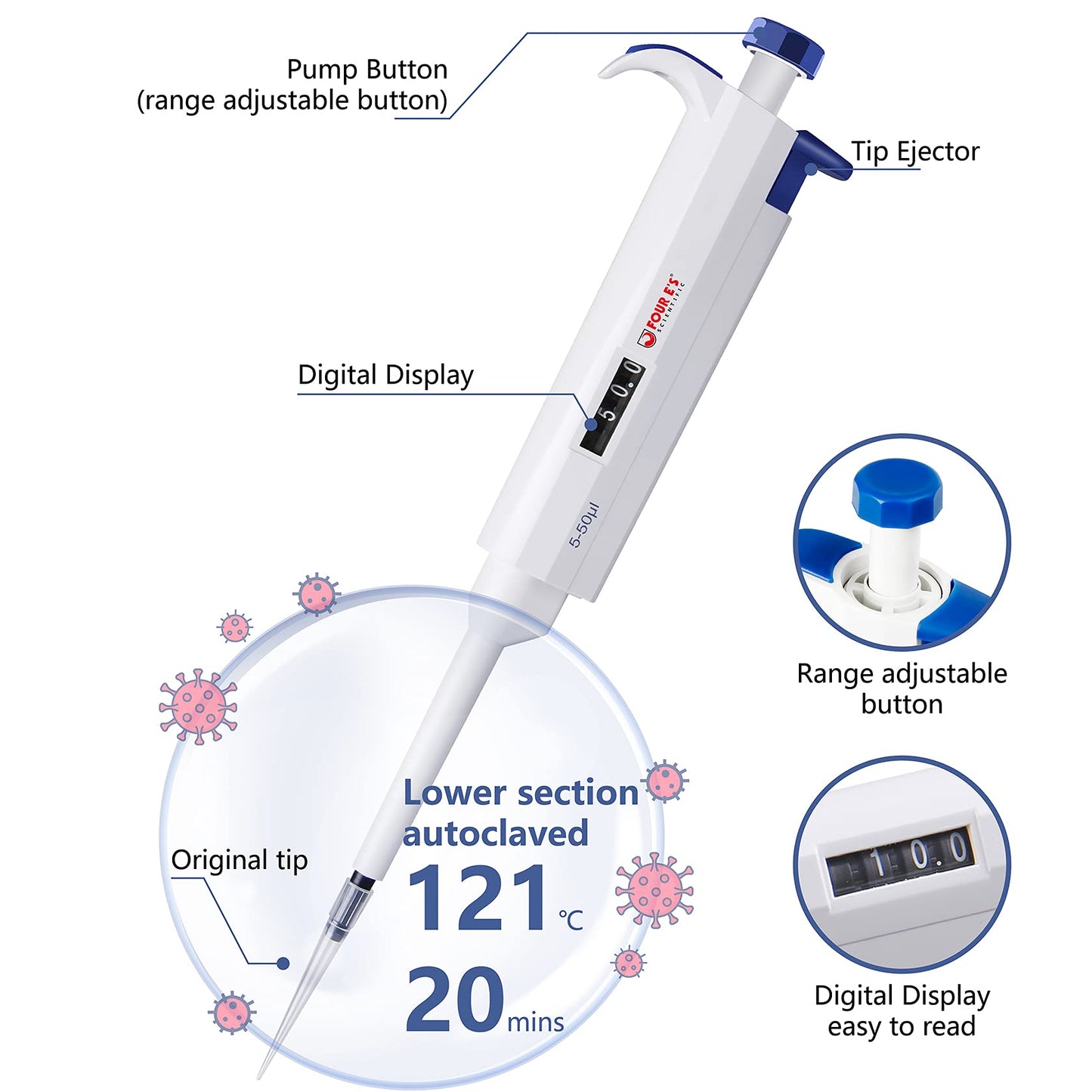 FOUR E'S SCIENTIFIC 1-10ML Single-Channel Pipettor Adjustable Variable Volume Micropipette High Accurate Pipettor for Laboratory