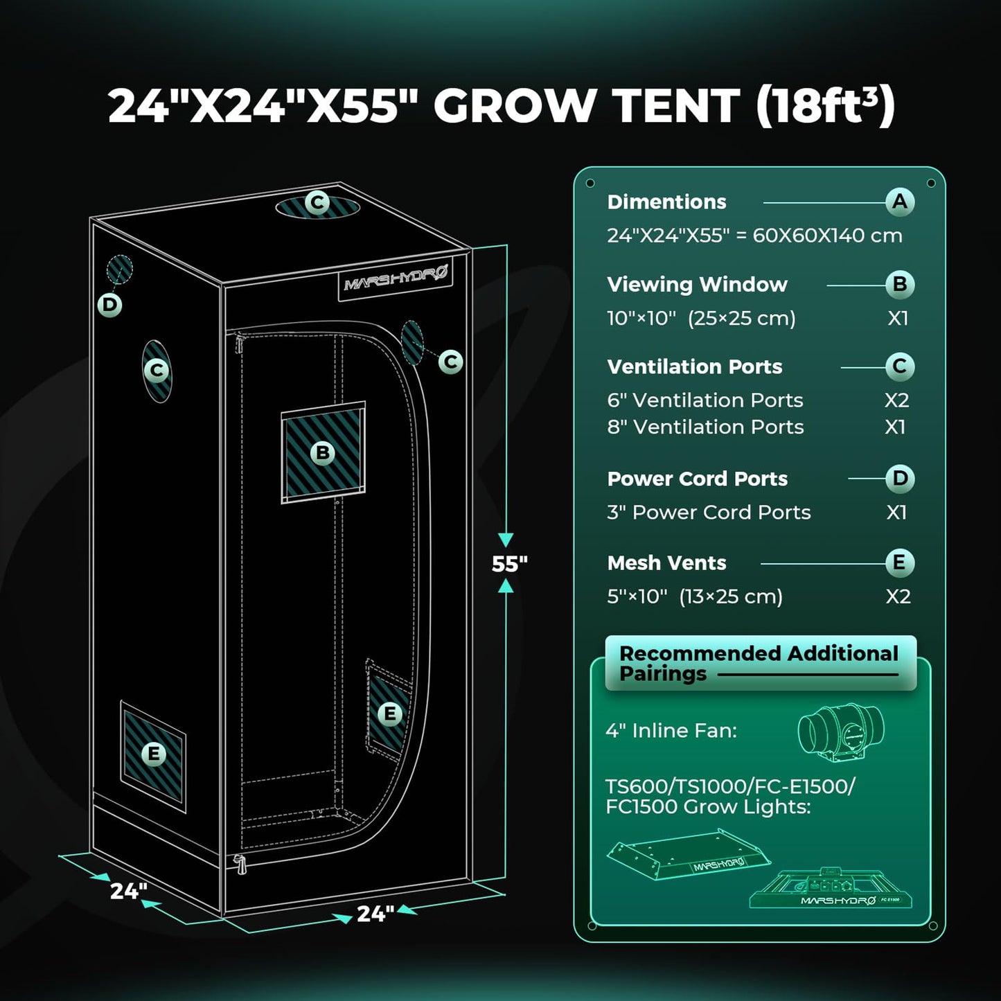 MARS HYDRO 2x2 Advanced Grow Tent, 24"x24"x55" High Reflective Mylar 1680D for Hydroponics Indoor Plant Growing, with Observation Window,Floor Tray and Smooth Zipper for TS600/TS1000