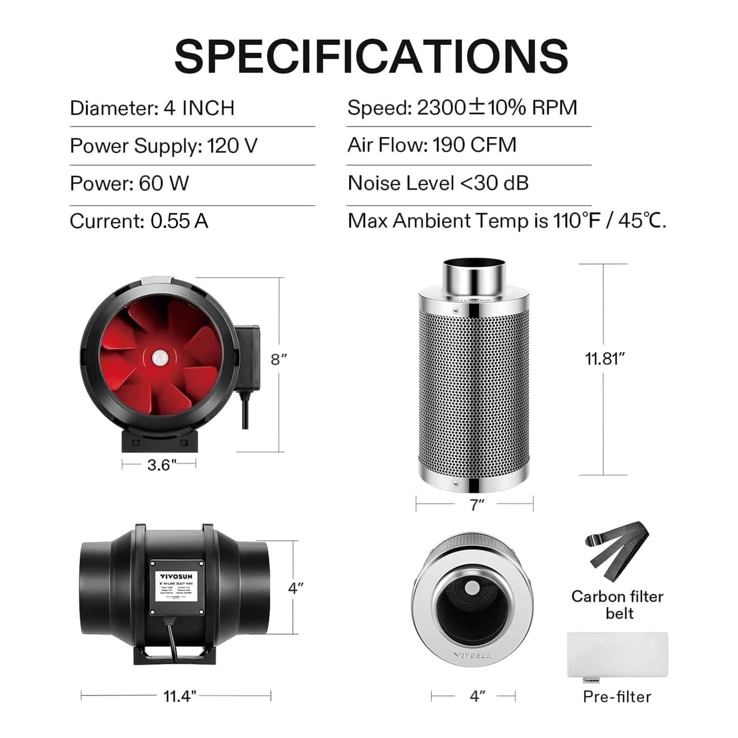 VIVOSUN R4 4 Inch 190 CFM Inline Duct Ventilation Fan with Variable Speed Controller for Grow Tent