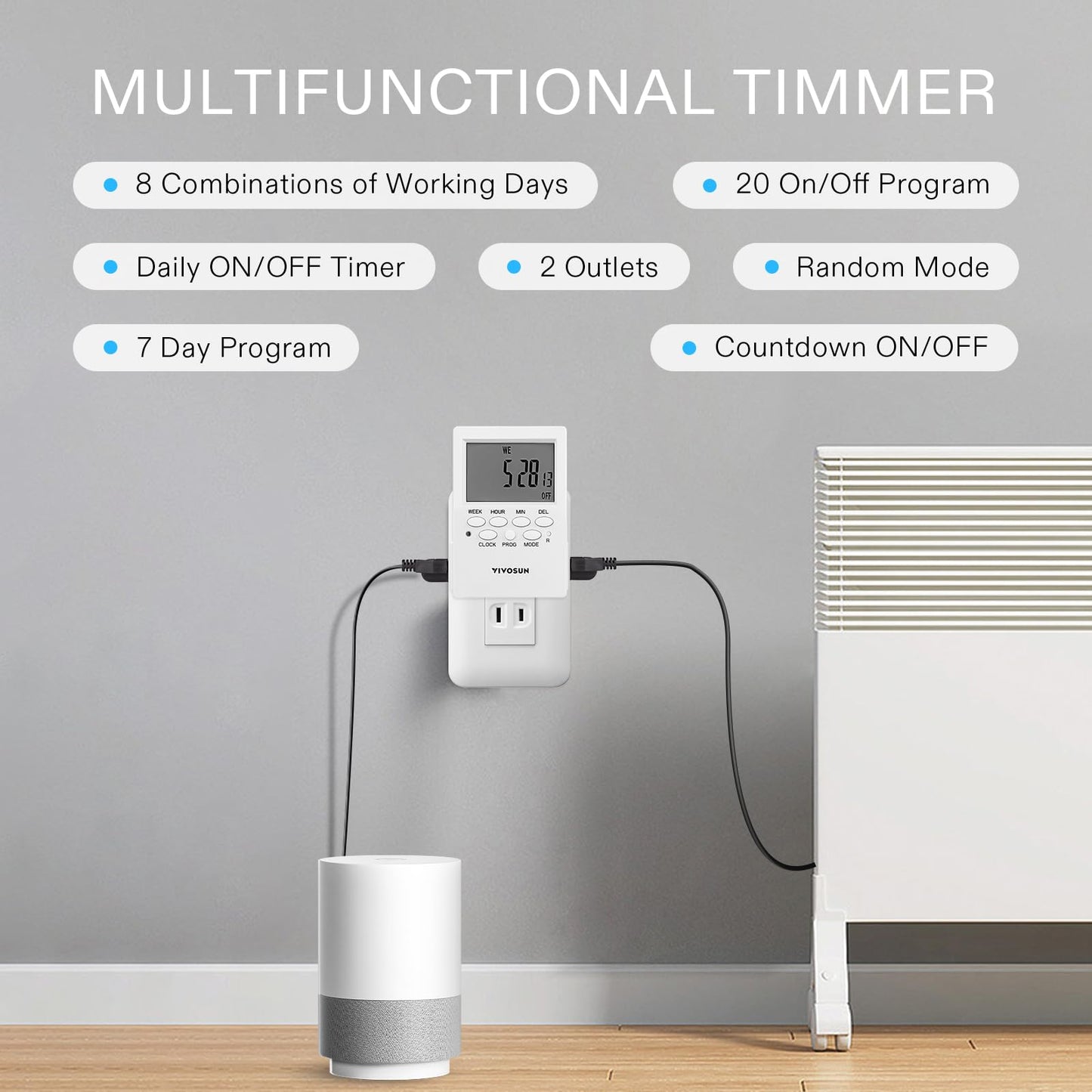 VIVOSUN Digital Timer Outlet 7 Day Programmable Digital Outlet Timer with 2 Independent Outlets 3 Prong, 20 on/Off Programs Groups, Countdown Setting, Indoor for Light Lamp, Fan（1Pack）