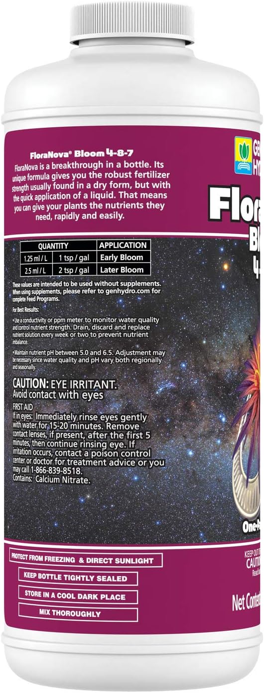 General Hydroponics FloraNova Grow 7-4-10, Robust Strength of Dry Fertilizer But in Rapid Liquid Form, Use for Hydroponics, Soilless Mixtures, Containers & Garden Grown Plants, 1-Quart