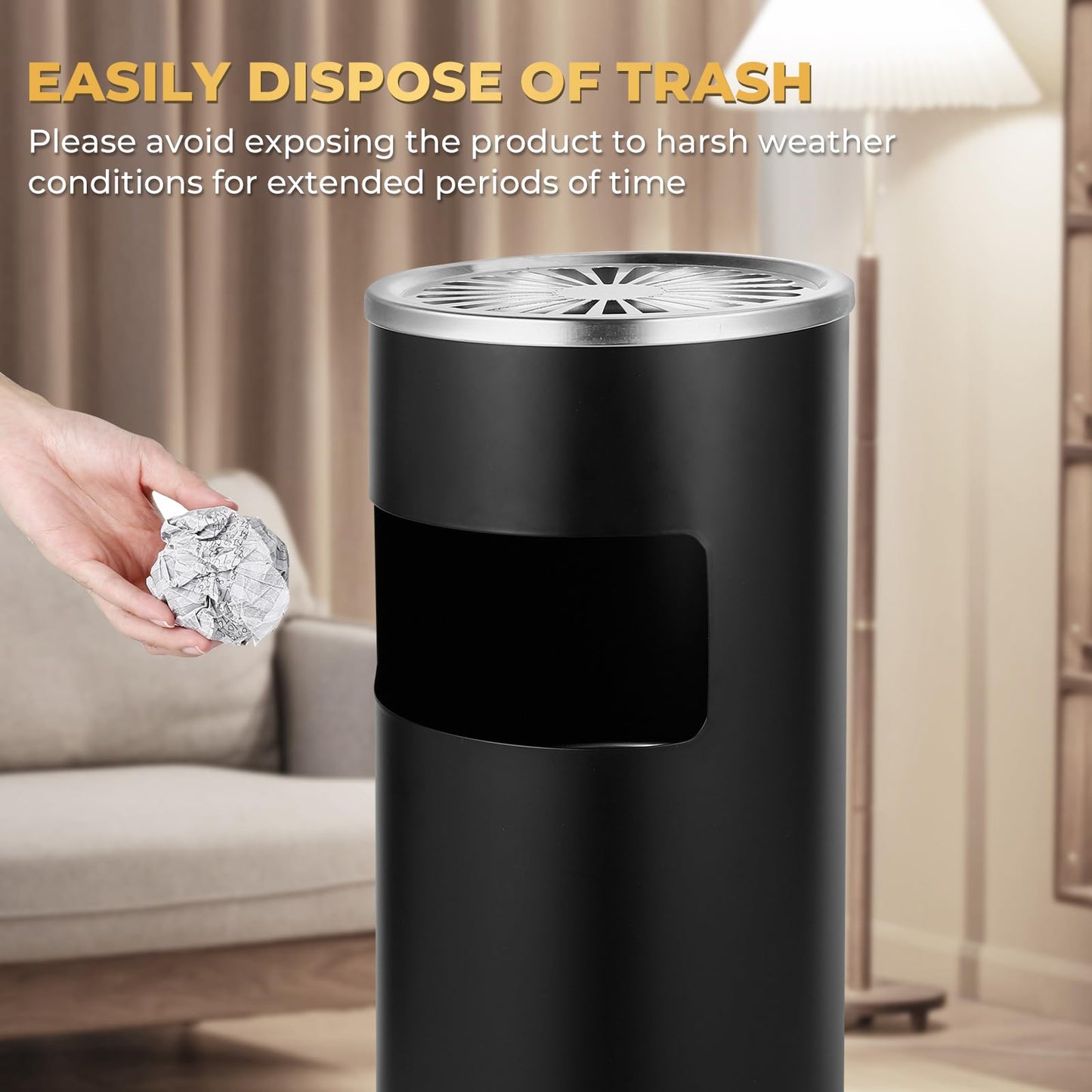 Trash Can Outdoor Waste Container Square Stainless Steel Trash Can with Removable Inner Bucket for Disposal Commercial Waste Container 9.45‘’ x 9.45‘’ x 24.02‘’-Black