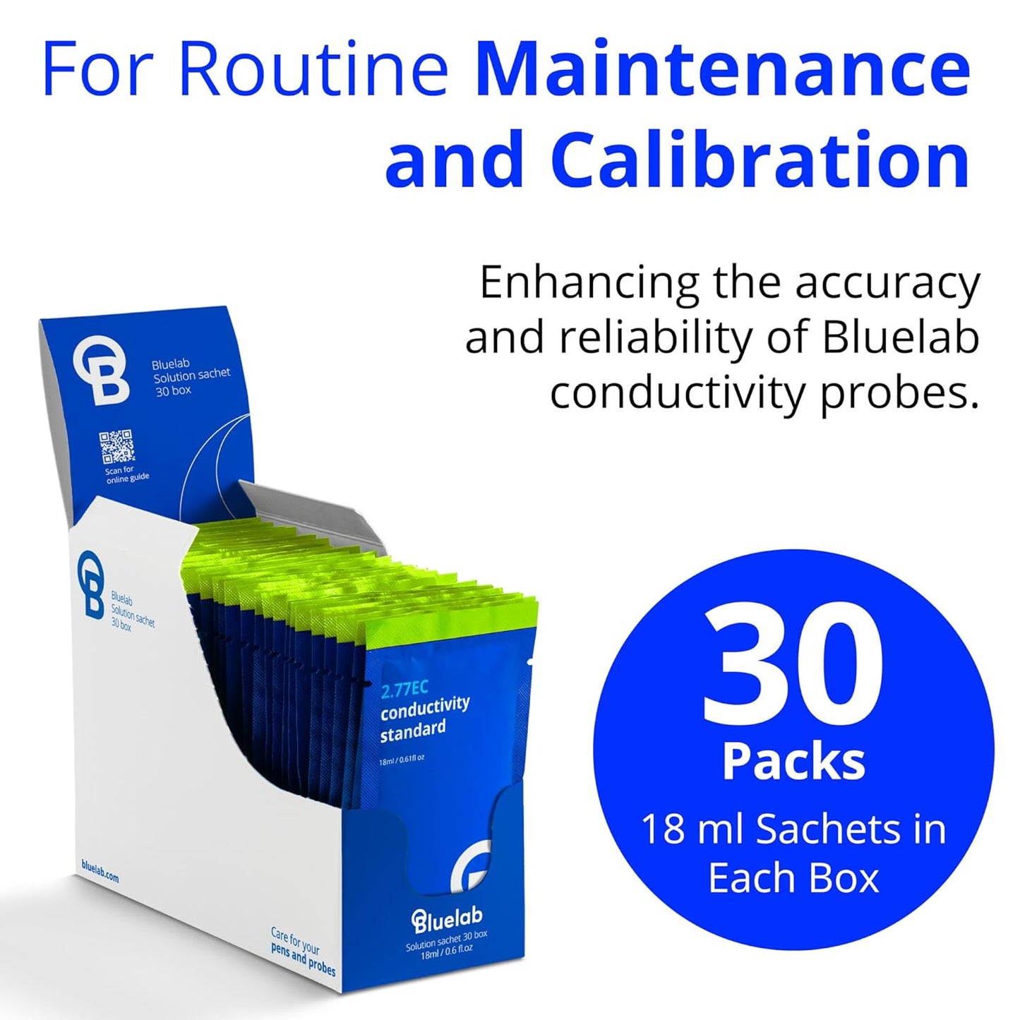 Bluelab EC 2.77 Conductivity Calibration Solution - Easy Calibration for pH Pens, pH Meters and Probes - Compatible with Bluelab Conductivity Probes - 30 Sachet Box, 18ml Each