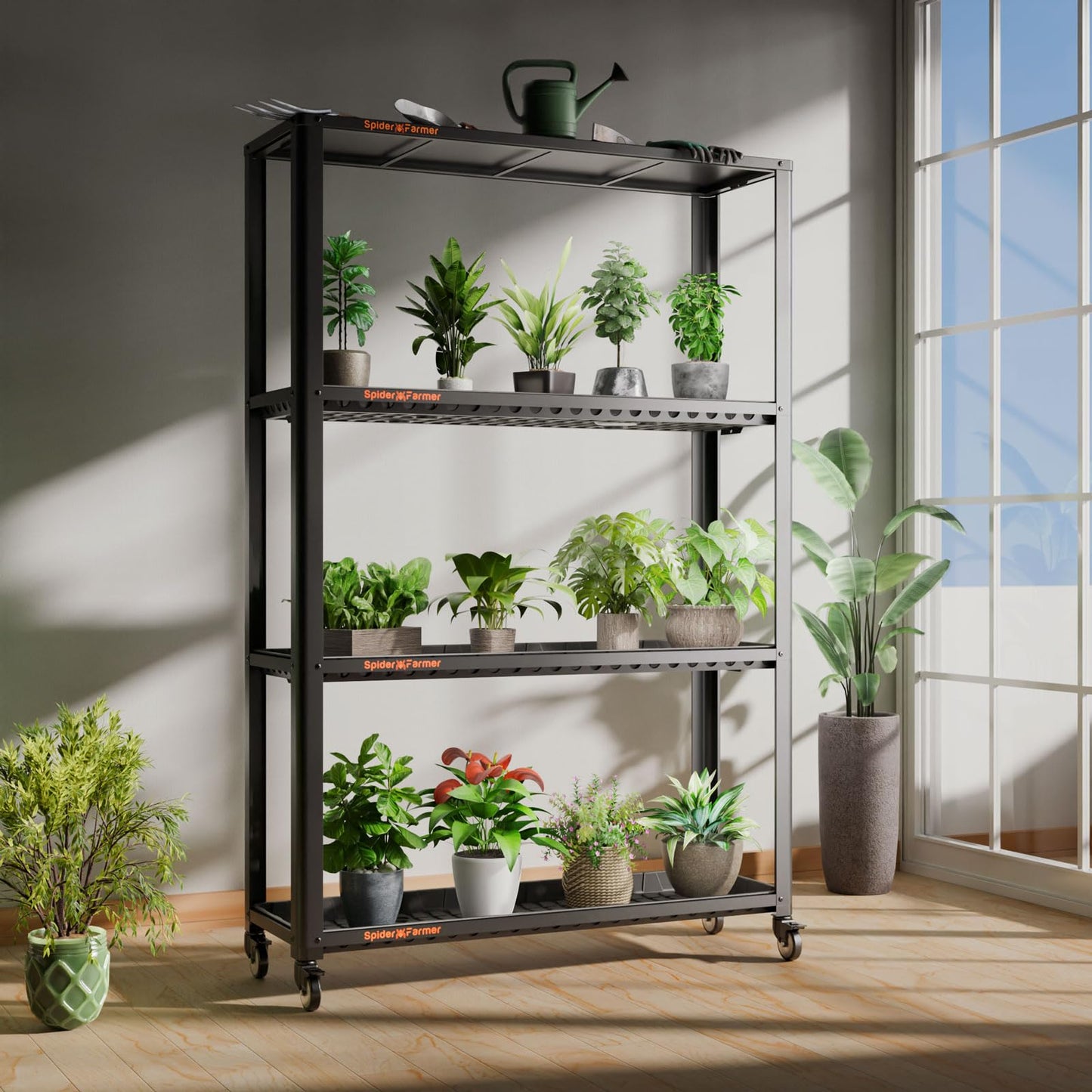 Spider Farmer Indoor Plant Stand Outdoor 3 Tier Metal Plant Shelf With Wheels For Indoor Plants Multiple 3 Plant Trays Included Easy Assembly 46Lx15Dx70H Black