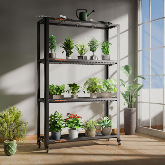 Spider Farmer Plant Stand 3 Tier Heavy-Duty Metal SF600 Plant Shelf With Waterproof Trays and Lockable Wheels For Flower Pot Display Easy Assembly Rack Black Indoor Outdoor 46Lx15Dx70H