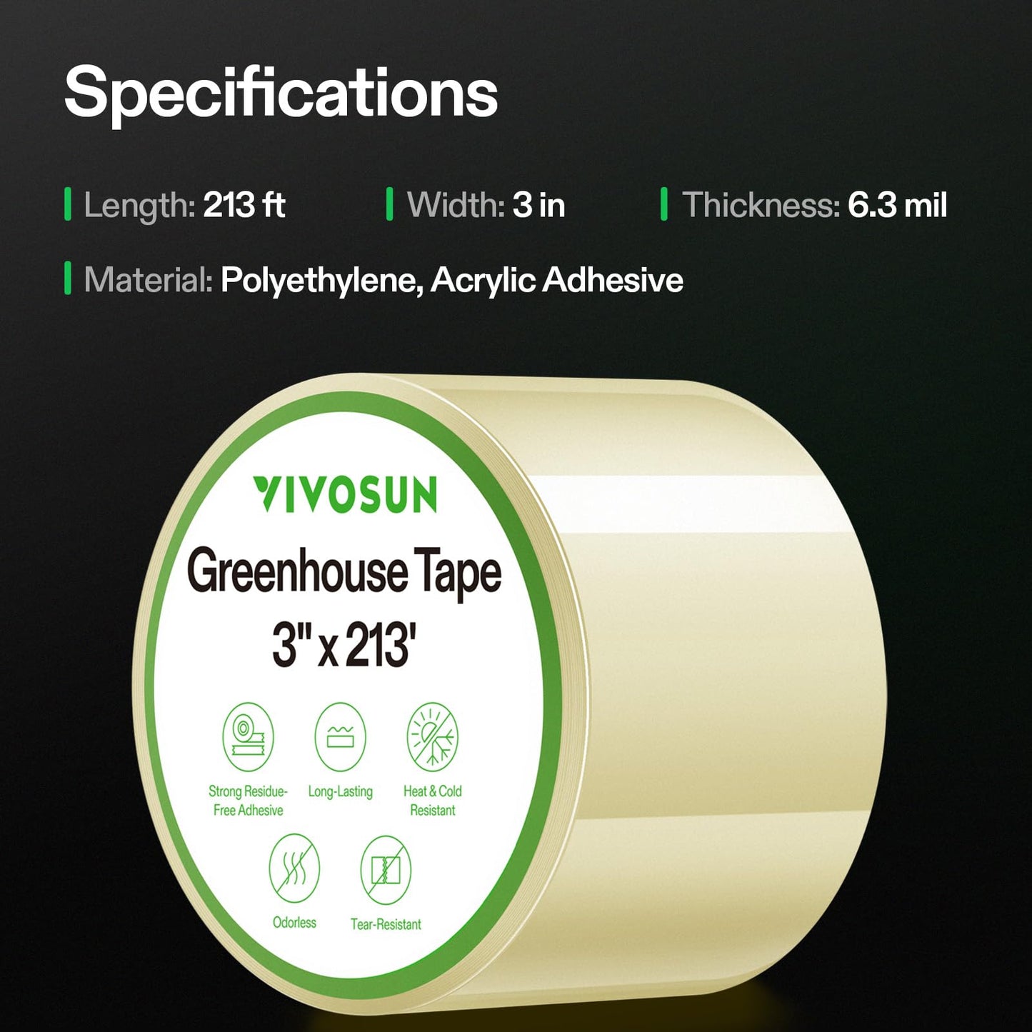 VIVOSUN Greenhouse Repair Tape, 6.3 mil 3" x 108' Weatherproof Clear Poly Patch Tape, Heavy Duty Greenhouse Sheeting Coverings Film Tape for Plastic Sheeting and Tents