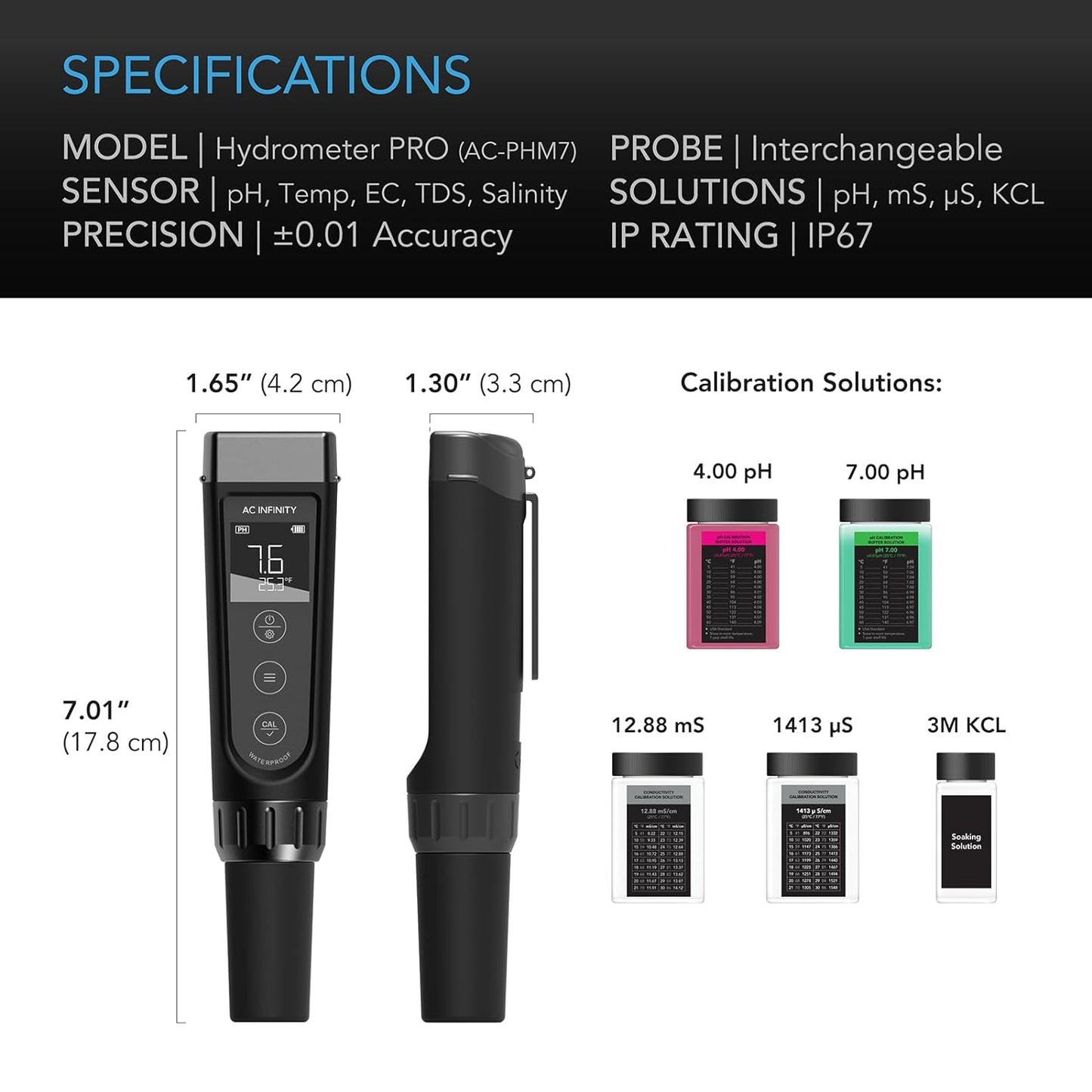 AC Infinity Hydroponic Meter PRO Kit, High Precision Digital pH Pen with ±0.01 pH Accuracy and Interchangeable Probe, All-in-One Temp Salinity EC TDS pH Meter, Water Hydroponic Gardens Aquariums Pools