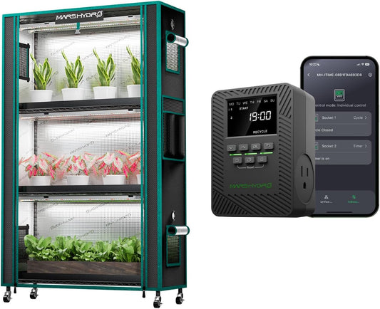 MARS HYDRO 2025 Plant Stand with Grow Lights,4-Tier Plant Shelf with 6 Full Spectrum LED Lamps (150W, 3ft) & Grow Tent +2025 MARS Hydro ITime 2-in-1 Smart Timer