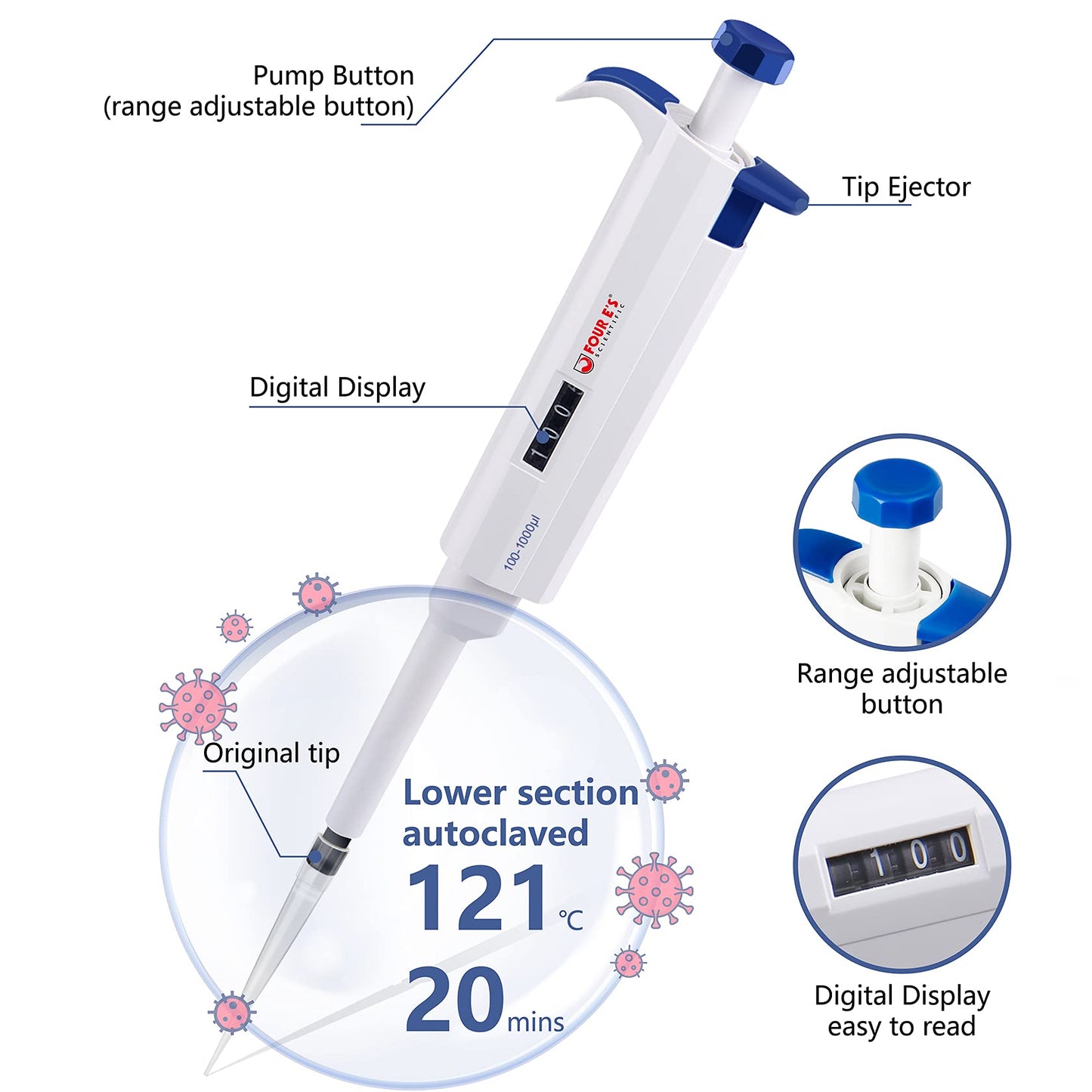 FOUR E'S SCIENTIFIC 1-10ML Single-Channel Pipettor Adjustable Variable Volume Micropipette High Accurate Pipettor for Laboratory