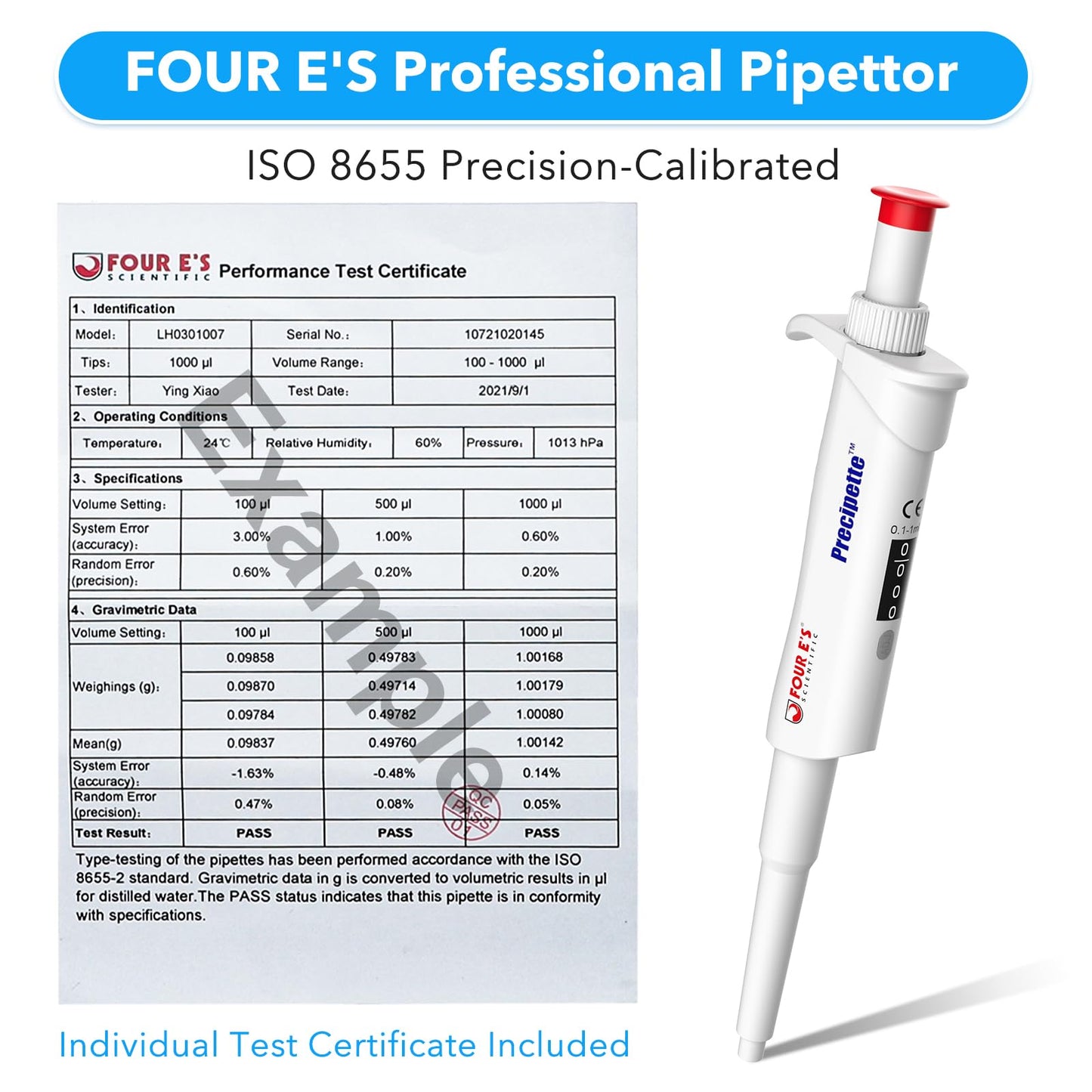 FOUR E'S SCIENTIFIC 20-200μL Pipette, Professional Single-Channel Pipettor Lightweight High Accurate Adjustable Variable Volume Micro Pipette with Calibration Certificate (Model LH0301006)