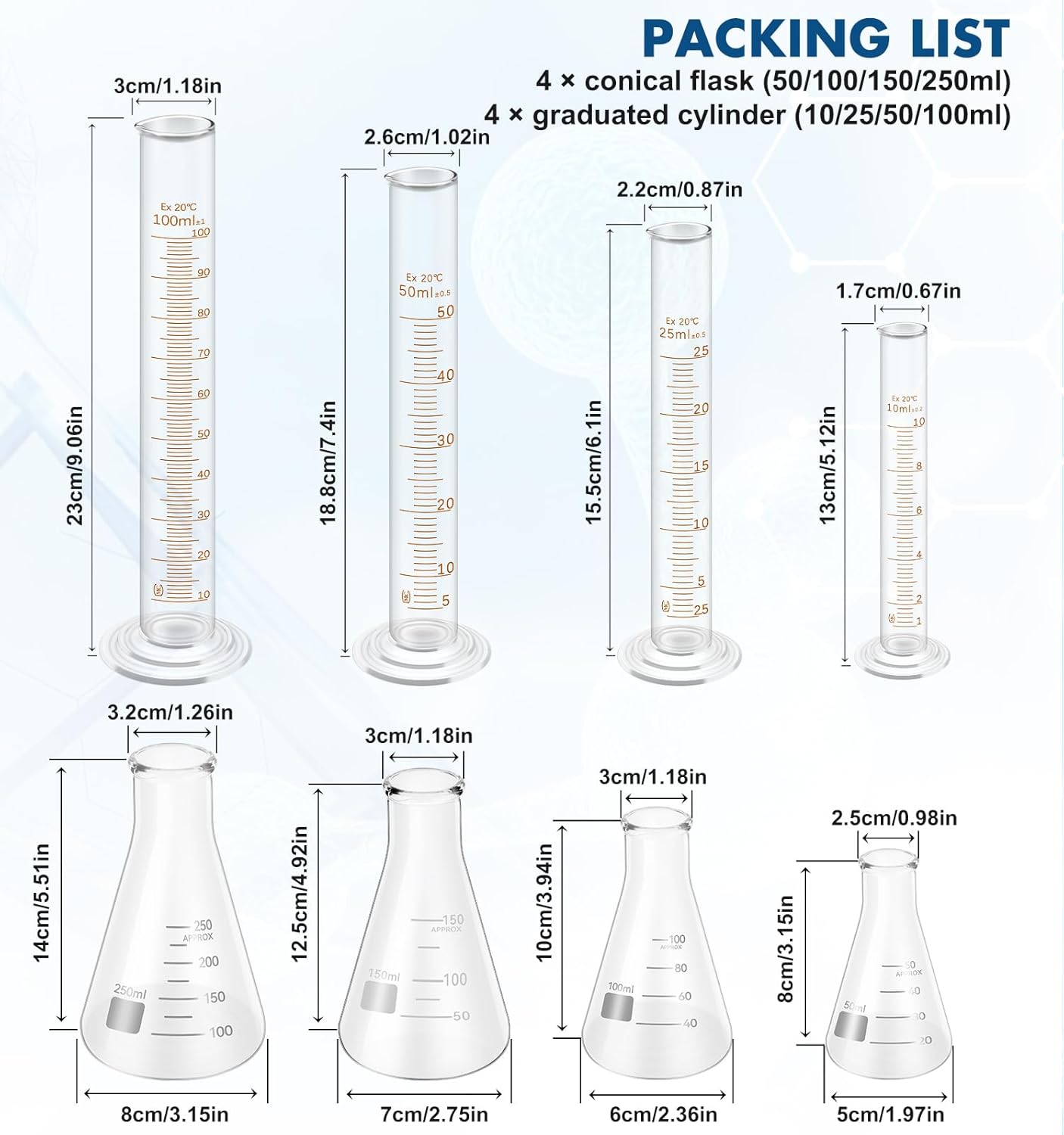 FOUR E'S SCIENTIFIC Glass Beaker Set 50/100/250/500 ml, Glass Flask 50/100/150/250 ml, Graduated Cylinder 10/25/50/100ml, 1 Brush, 2 Droppers, and 4 Stirring Rods