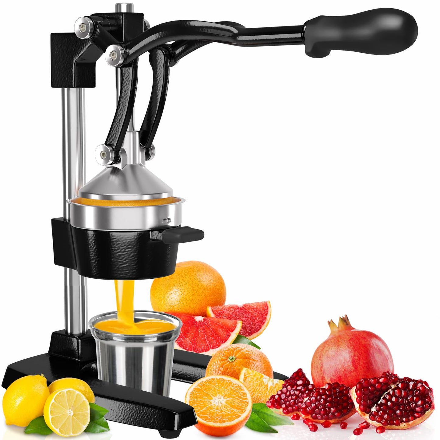 Eurolux Cast Iron Citrus Juicer | Extra-Large Commercial Grade Manual Hand Press | Heavy Duty Countertop Squeezer for Fresh Orange Juice (Bonus Stainless Steel Cup) (Black)