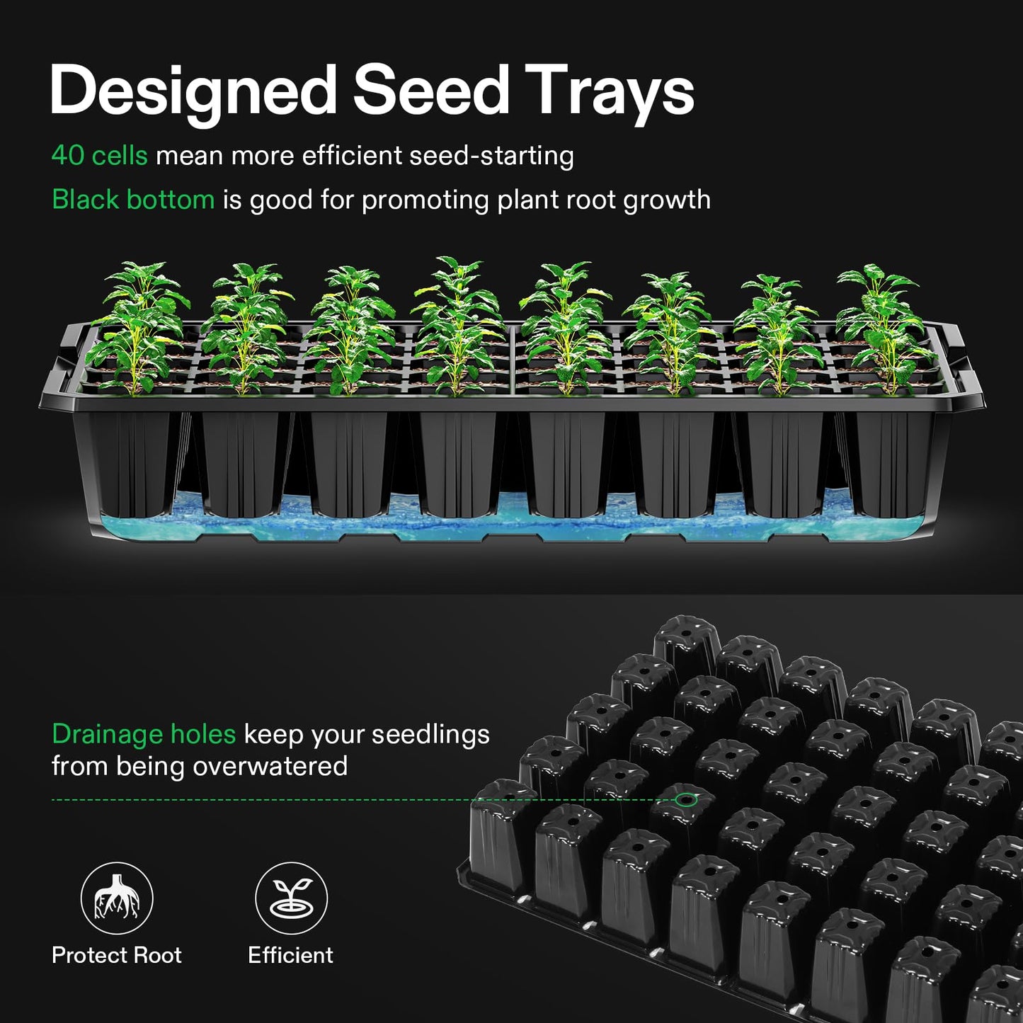 VIVOSUN 1-Pack 40-Cell Seed Starter Trays with 1 Set of LED Lights and 10"x20.75" Seedling Heat Mat, 3.6" Higher Cover, Adjustable Vents, Drainage Holes, Green Propagation Tray for Planting Seeds