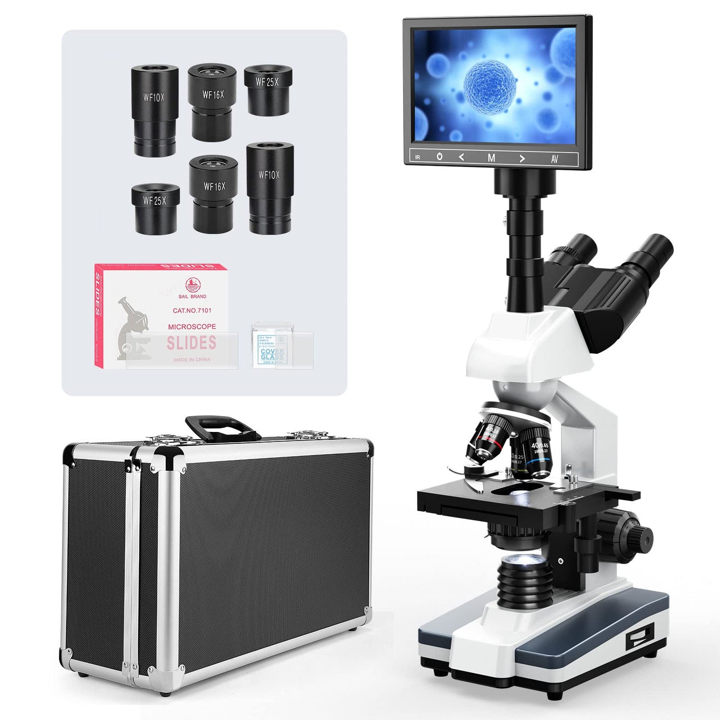 [Darkfield Microorganism Model] Vabiooth Lab Darkfield & Brightfield Trinocular Compound Microscope 40X-2500X Magnification with 7" Monitor 5MP E-Eyepiece, Adjustable Mechanical Stage, LED Source