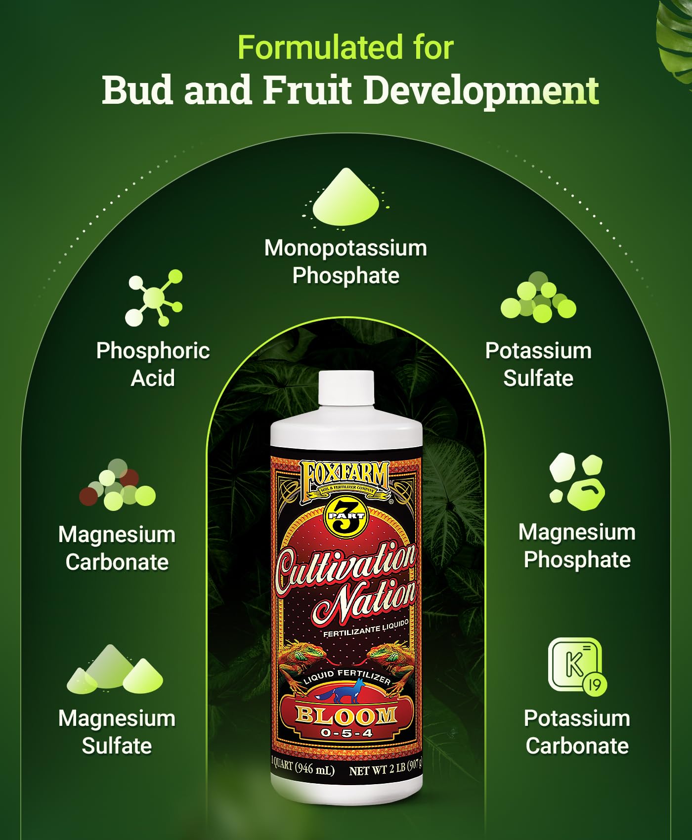 FoxFarm Cultivation Nation Bloom Fertilizer - Enhanced Bud & Fruit Development, Ideal for Soil, Soilless Media, Hydroponics & Aeroponics - Part 3 of 3-Part Feeding Program- NPK 0-5-4 (Quart)