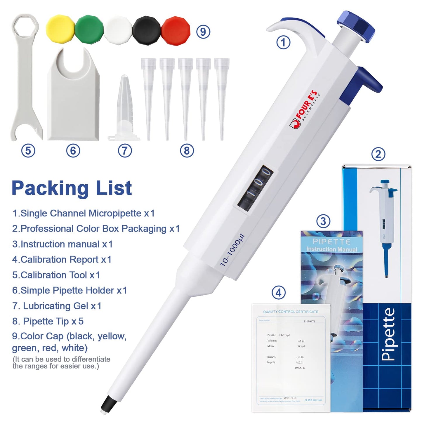 FOUR E'S SCIENTIFIC 1-10ML Single-Channel Pipettor Adjustable Variable Volume Micropipette High Accurate Pipettor for Laboratory