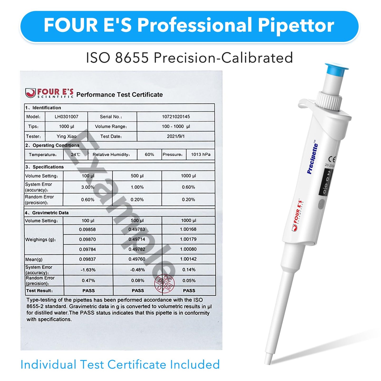 FOUR E'S SCIENTIFIC 20-200μL Pipette, Professional Single-Channel Pipettor Lightweight High Accurate Adjustable Variable Volume Micro Pipette with Calibration Certificate (Model LH0301006)