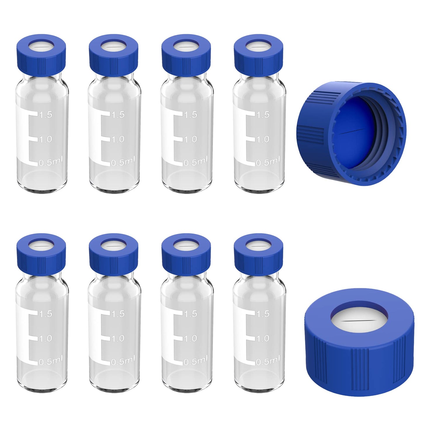 FOUR E'S SCIENTIFIC 2ml Autosampler Vials 1000 Pack - HPLC Vial | 9-425 Amber Vial with Blue Screw Caps | Writing Patch | Graduation | White PTFE & Red Silicone Septa Fit for LC Sampler