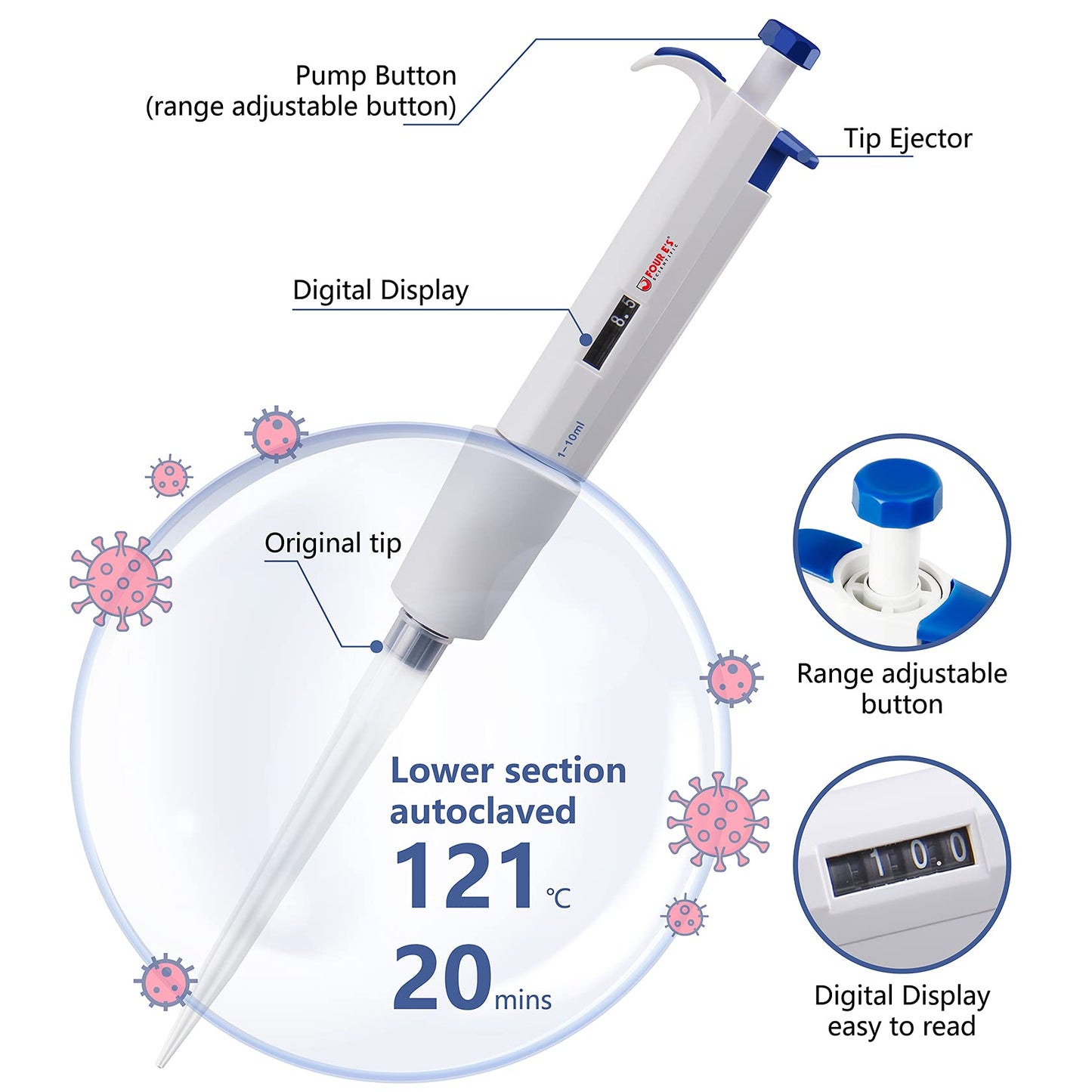FOUR E'S SCIENTIFIC 1-10ML Single-Channel Pipettor Adjustable Variable Volume Micropipette High Accurate Pipettor for Laboratory