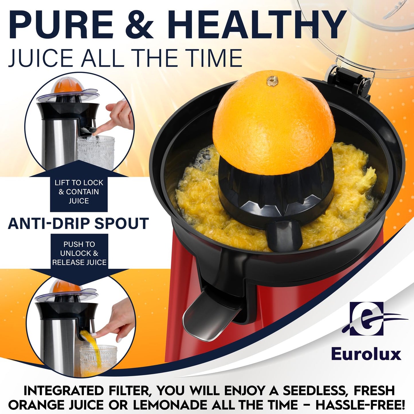 Eurolux Premium Electric Orange Juicer | Stainless Steel Citrus Squeezer With New Ultra-Powerful Motor and Soft Grip Handle for Effortless Juicing, Auto Shutoff, Dishwasher-safe Parts, Pulp Control