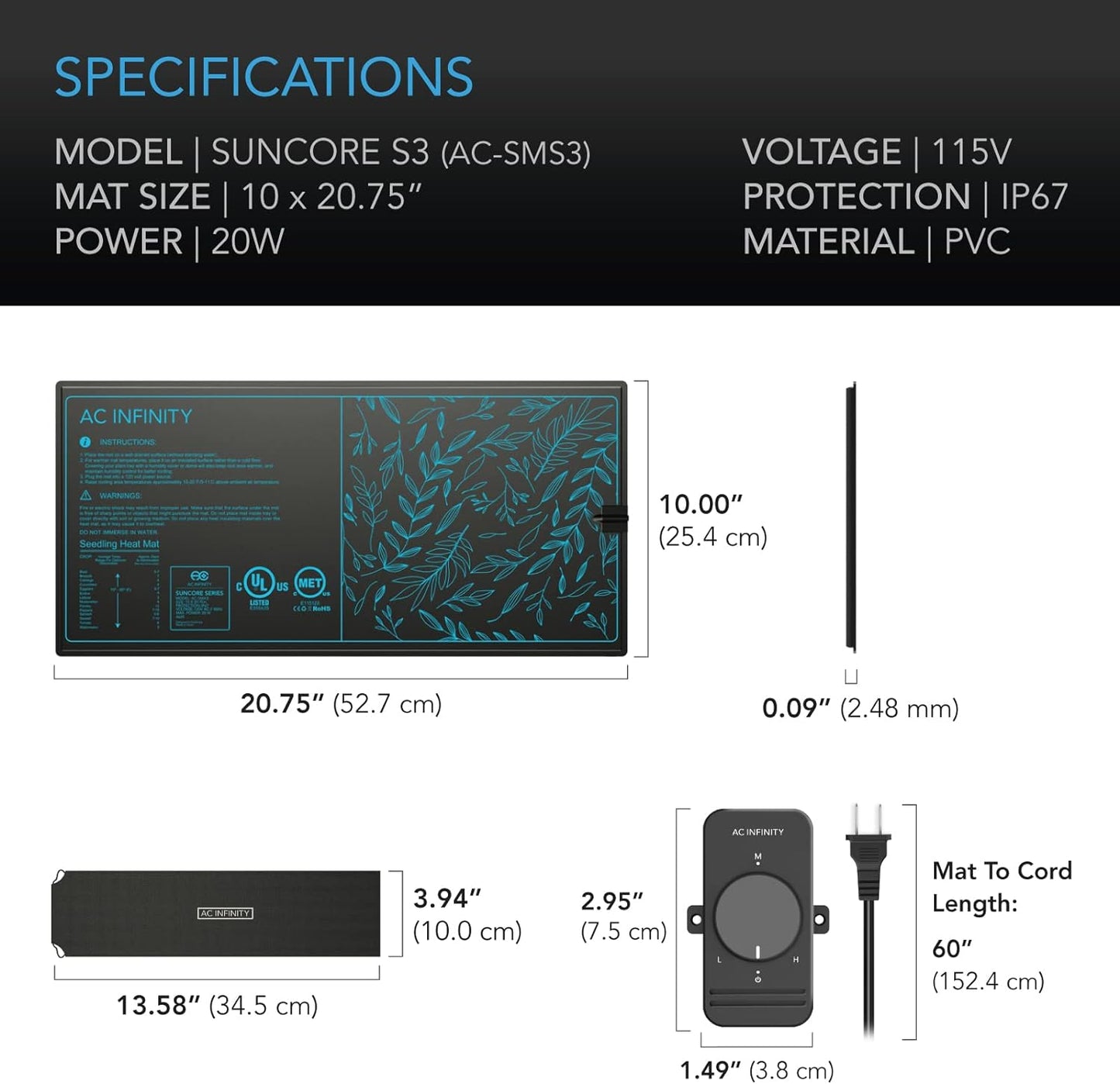 AC Infinity SUNCORE S3, Waterproof Seedling Mat with Heat Controller 10" x 20.75", UL & MET Certified Heating Pad, for Indoor Gardening, Hydroponics, Germination, Cloning