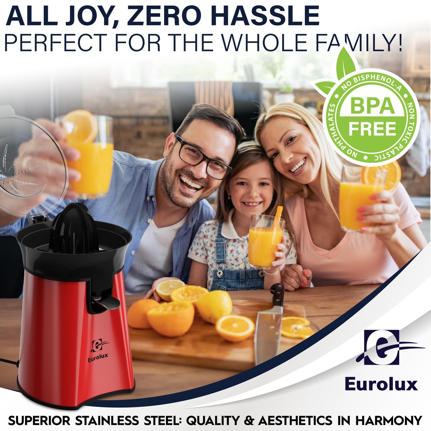 Eurolux Premium Electric Orange Juicer | Stainless Steel Citrus Squeezer With New Ultra-Powerful Motor and Soft Grip Handle for Effortless Juicing, Auto Shutoff, Dishwasher-safe Parts, Pulp Control