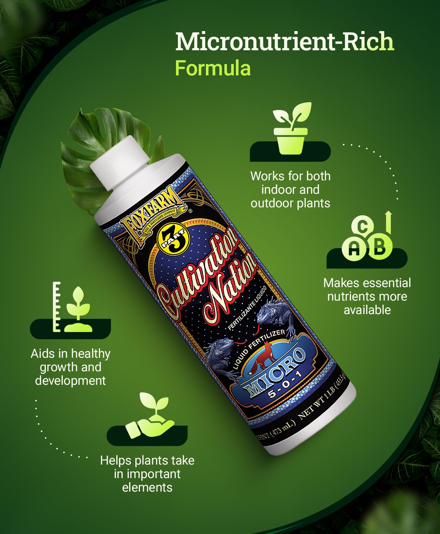 FoxFarm Cultivation Nation Micro Liquid Fertilizer - Micronutrients for Strong Plant Development, Ideal for Soil, Hydroponics & Aeroponics - Part 2 of 3-Part Feeding Program- NPK 5-0-1 (Gallon)