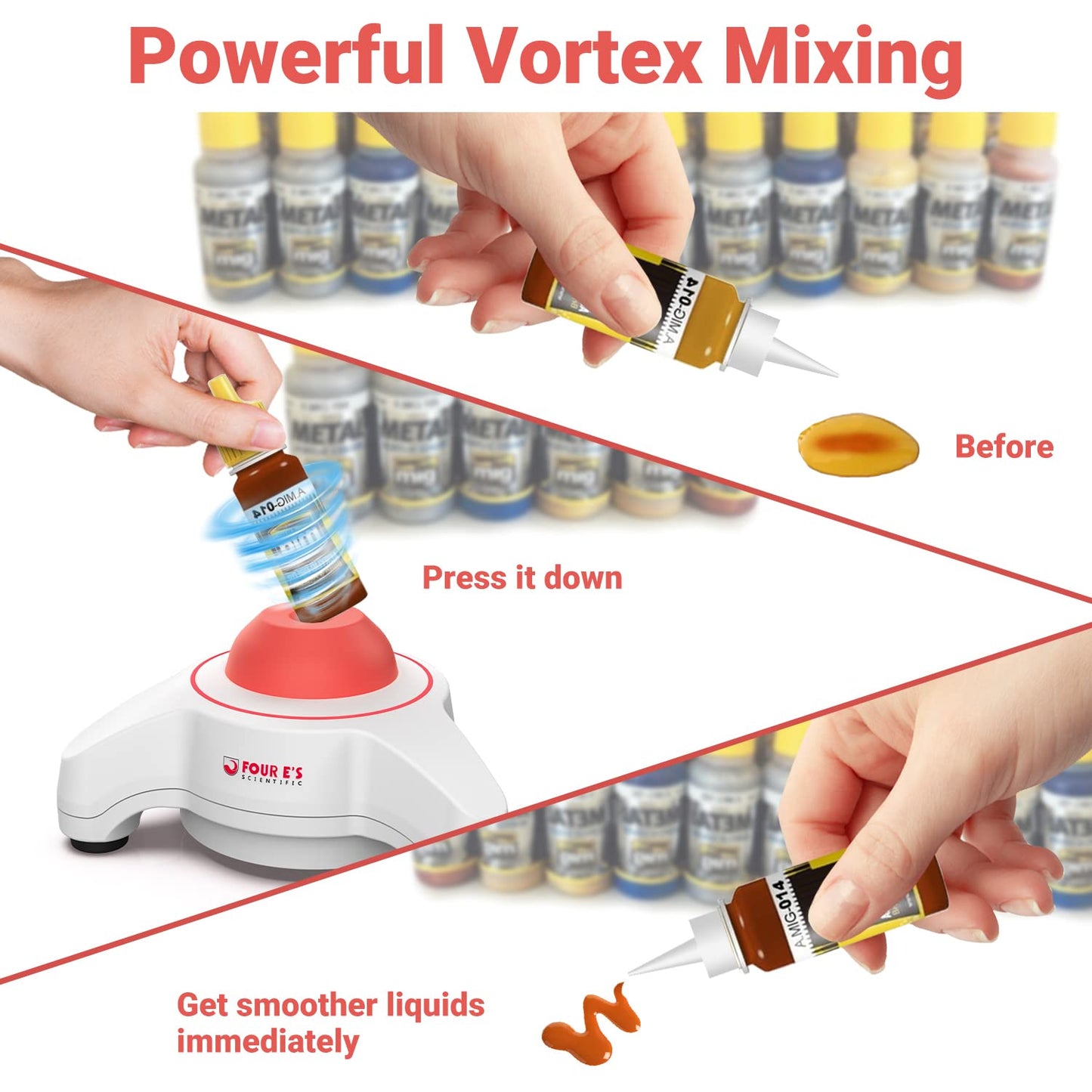 FOUR E'S SCIENTIFIC Vortex Mixer 5600rpm, Paint Mixer Touch Function, Mini Lab Vortex Shaker with an Extra Silicone Cap for Acrylic Miniature Model Paints Nail Polish Ink