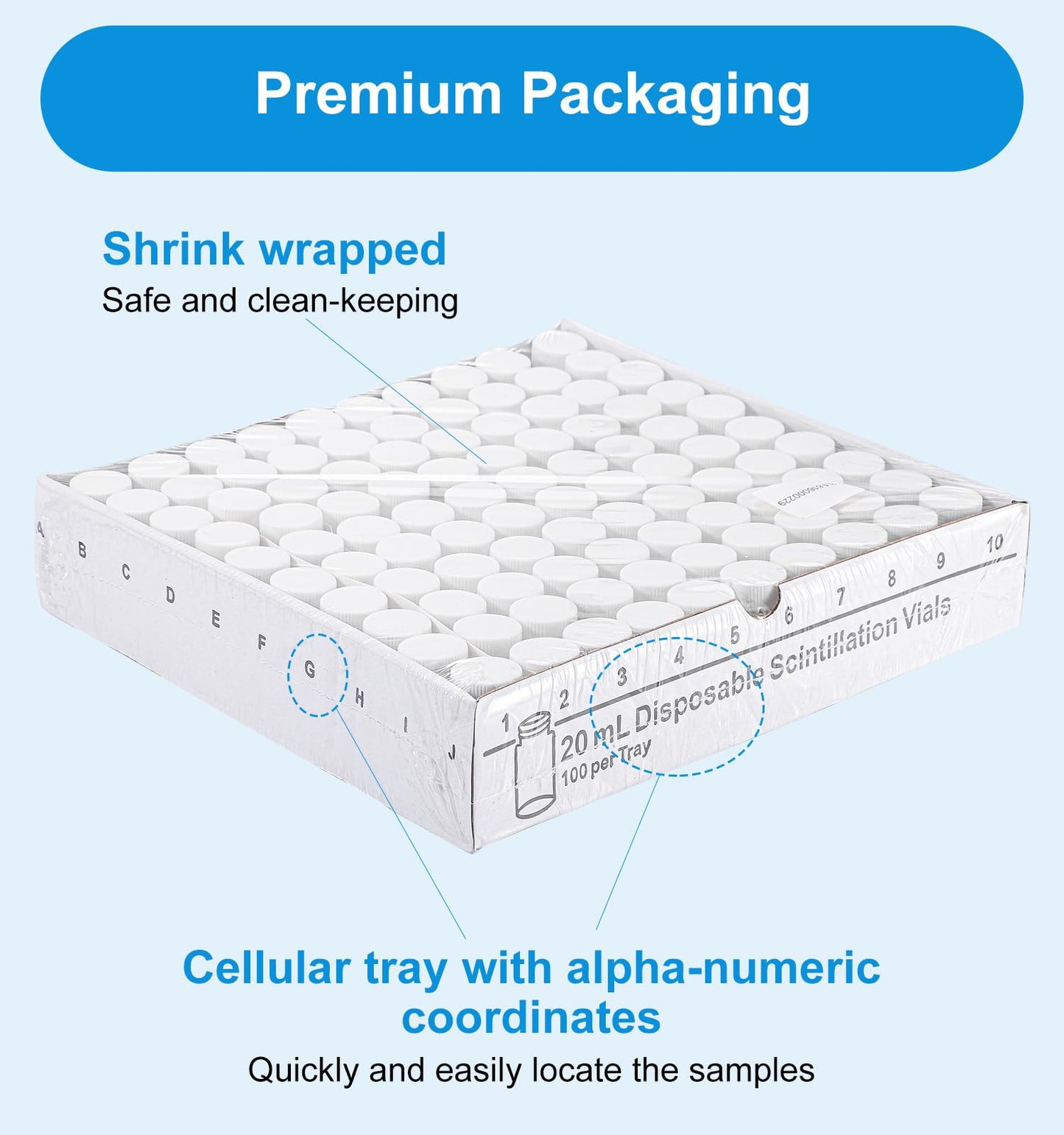 FOUR E'S SCIENTIFIC 20 ML Scintillation Vials, 100 PCS Lab Borosilicate Glass Liquid Scintillation Vials, 22-400 White Screw Cap with Silver Aluminum Foil Liner