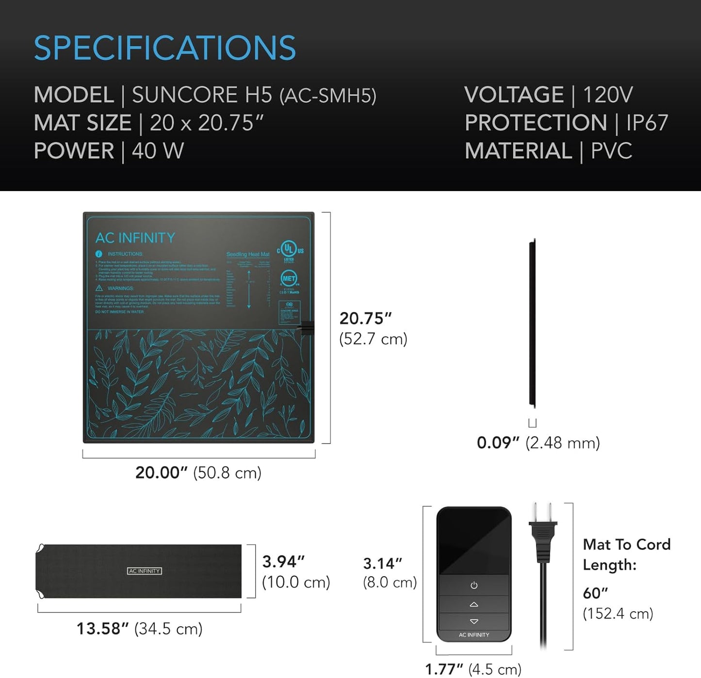 AC Infinity SUNCORE H5, Seedling Mat 20” x 20.75” with Digital Thermostat Controller for Exact Temperature Levels, Waterproof Heating Pad for Indoor Gardening, Hydroponics, Germination, Cloning
