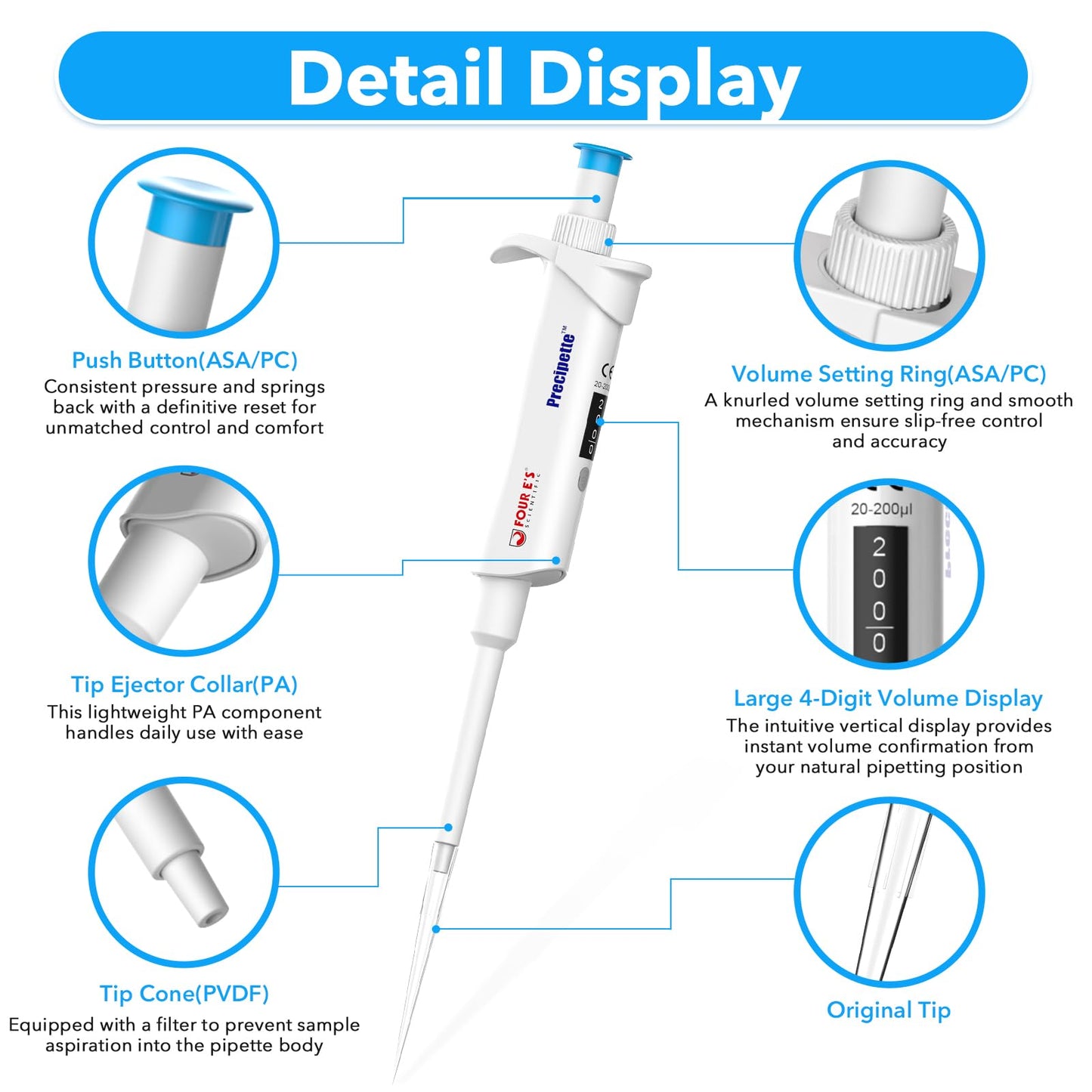 FOUR E'S SCIENTIFIC 20-200μL Pipette, Professional Single-Channel Pipettor Lightweight High Accurate Adjustable Variable Volume Micro Pipette with Calibration Certificate (Model LH0301006)