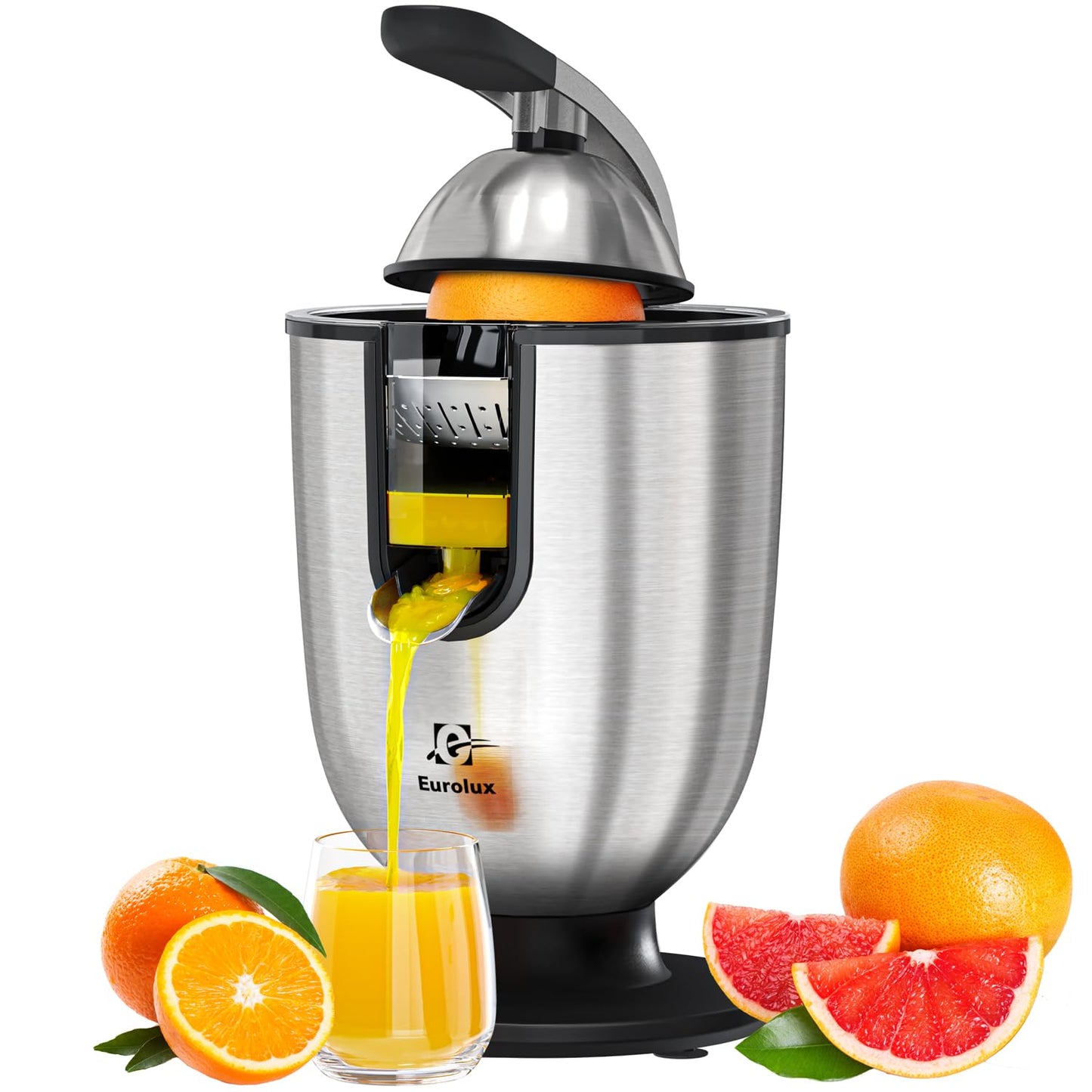 Eurolux Premium Electric Orange Juicer | Stainless Steel Citrus Squeezer With New Ultra-Powerful Motor and Soft Grip Handle for Effortless Juicing, Auto Shutoff, Dishwasher-safe Parts, Pulp Control