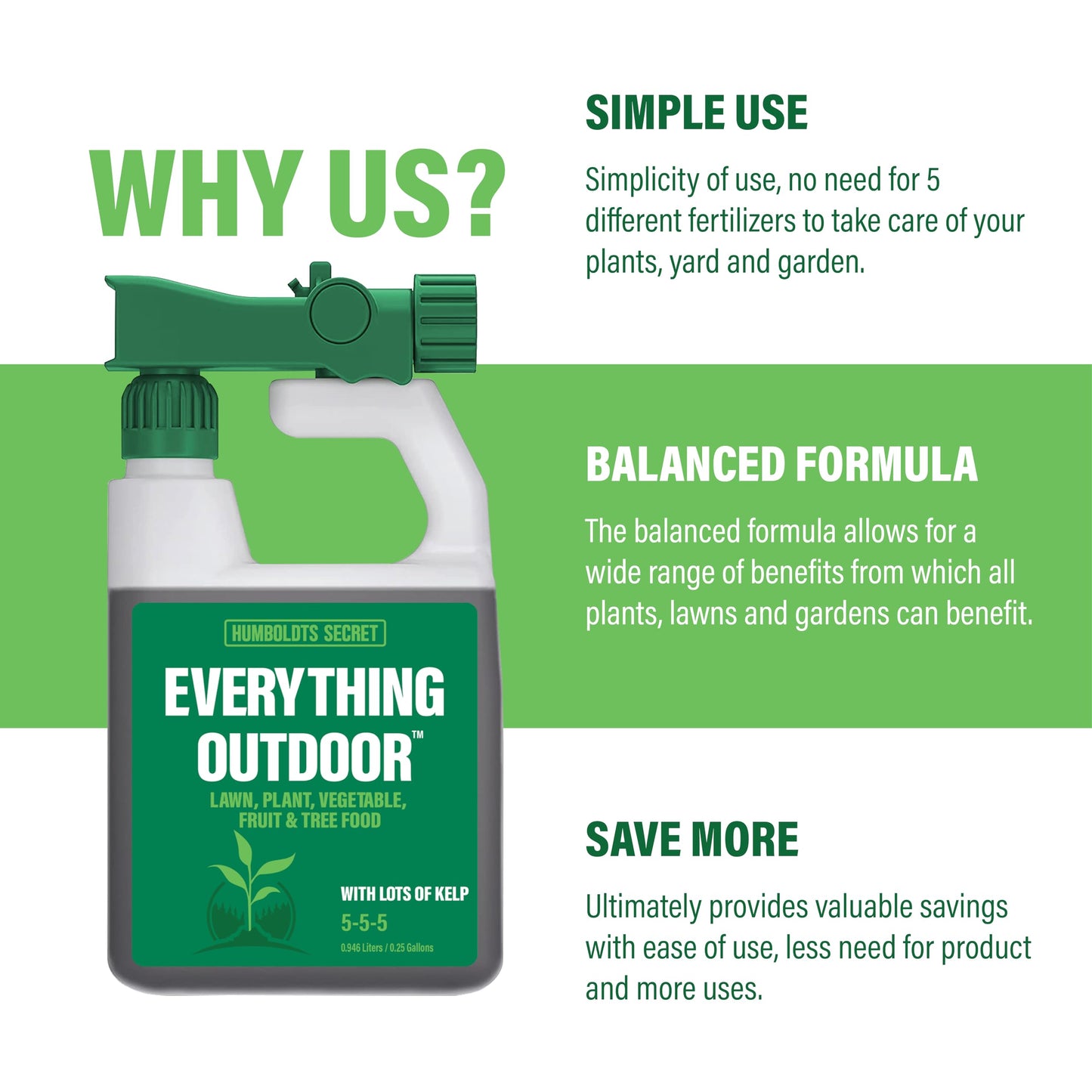Humboldts Secret Everything Outdoor Plant Food | 5-5-5 Liquid Fertilizer with Norwegian Kelp | All Purpose Lawn, Vegetable & Fruit Food | Garden Nutrients | Refillable Hose End Bottle | 32 Ounce