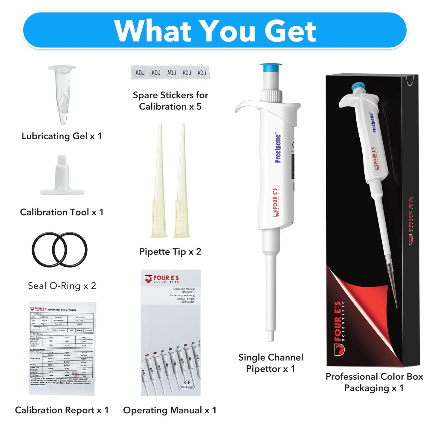 FOUR E'S SCIENTIFIC 20-200μL Pipette, Professional Single-Channel Pipettor Lightweight High Accurate Adjustable Variable Volume Micro Pipette with Calibration Certificate (Model LH0301006)