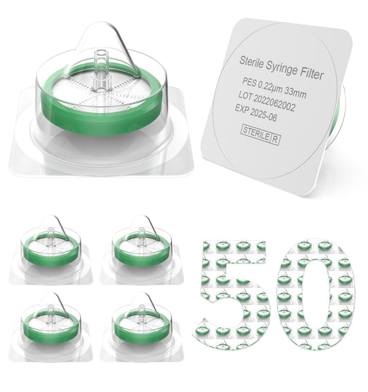 FOUR E'S SCIENTIFIC 50 Pack Syringe Filter, Sterile PES Syringe Filter 0.22 μm Pore Size, 25 mm Membrane Diameter, Syringe Lab Filter
