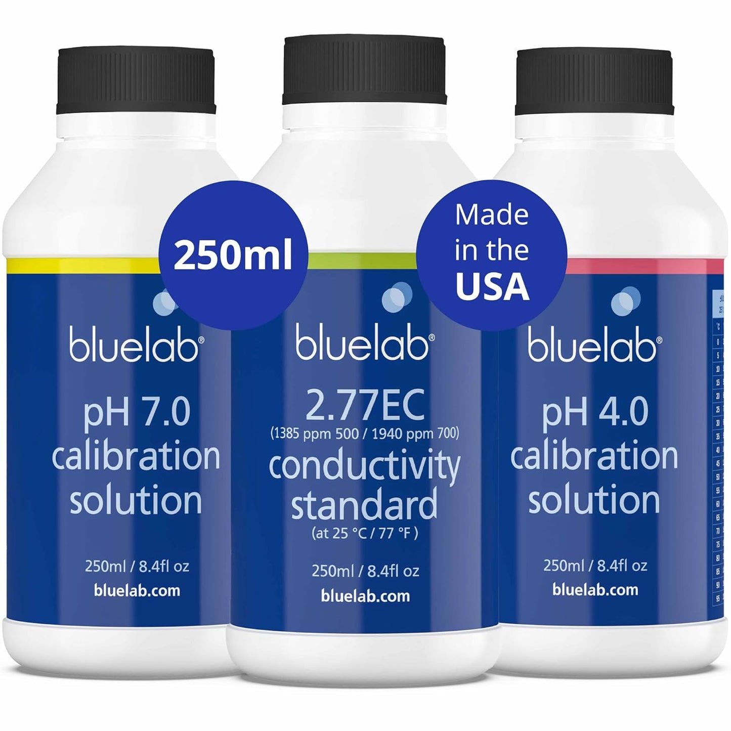 BlueLab 2.77EC Conductivity Solution, PH 7.0, and PH 4.0 Calibration Solution Set 250 Milliliters