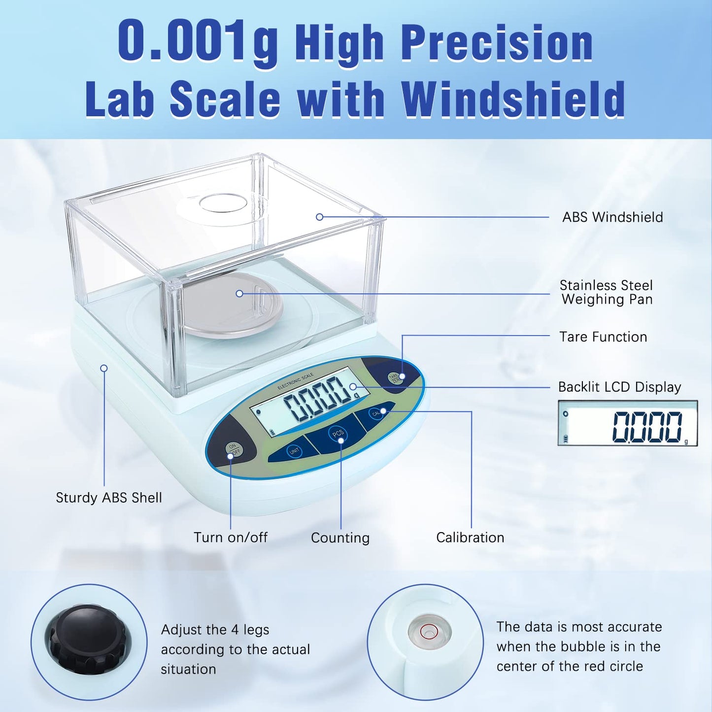 FOUR E'S SCIENTIFIC Lab Scale 500g x 0.001g Accuracy - High Precision Laboratory Analytical Balance with Windshield Digital Scientific Scale Jewelry/Kitchen Scale